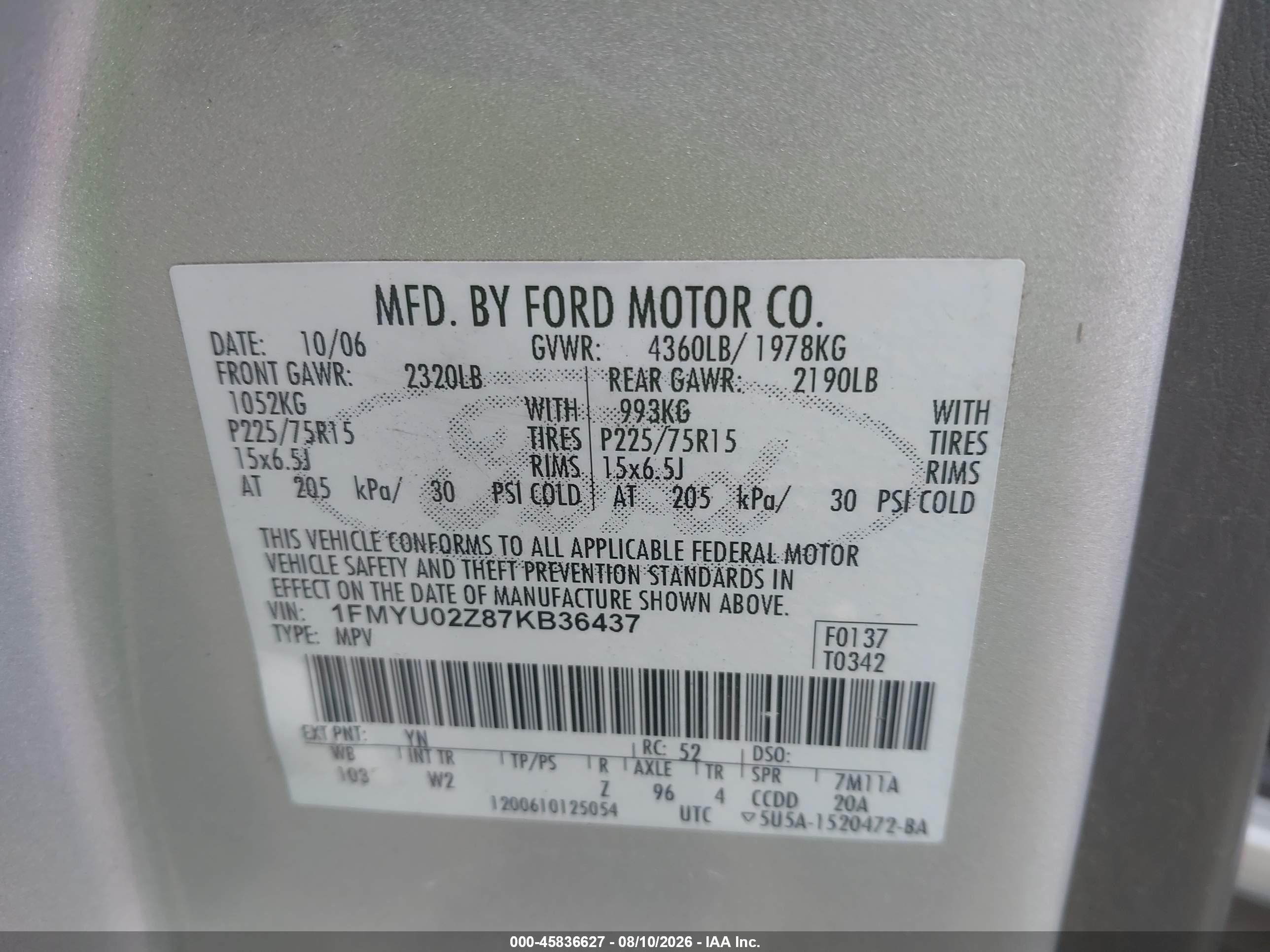 2007 Ford Escape Xls/xls Manual Серебряный vin: 1FMYU02Z87KB36437