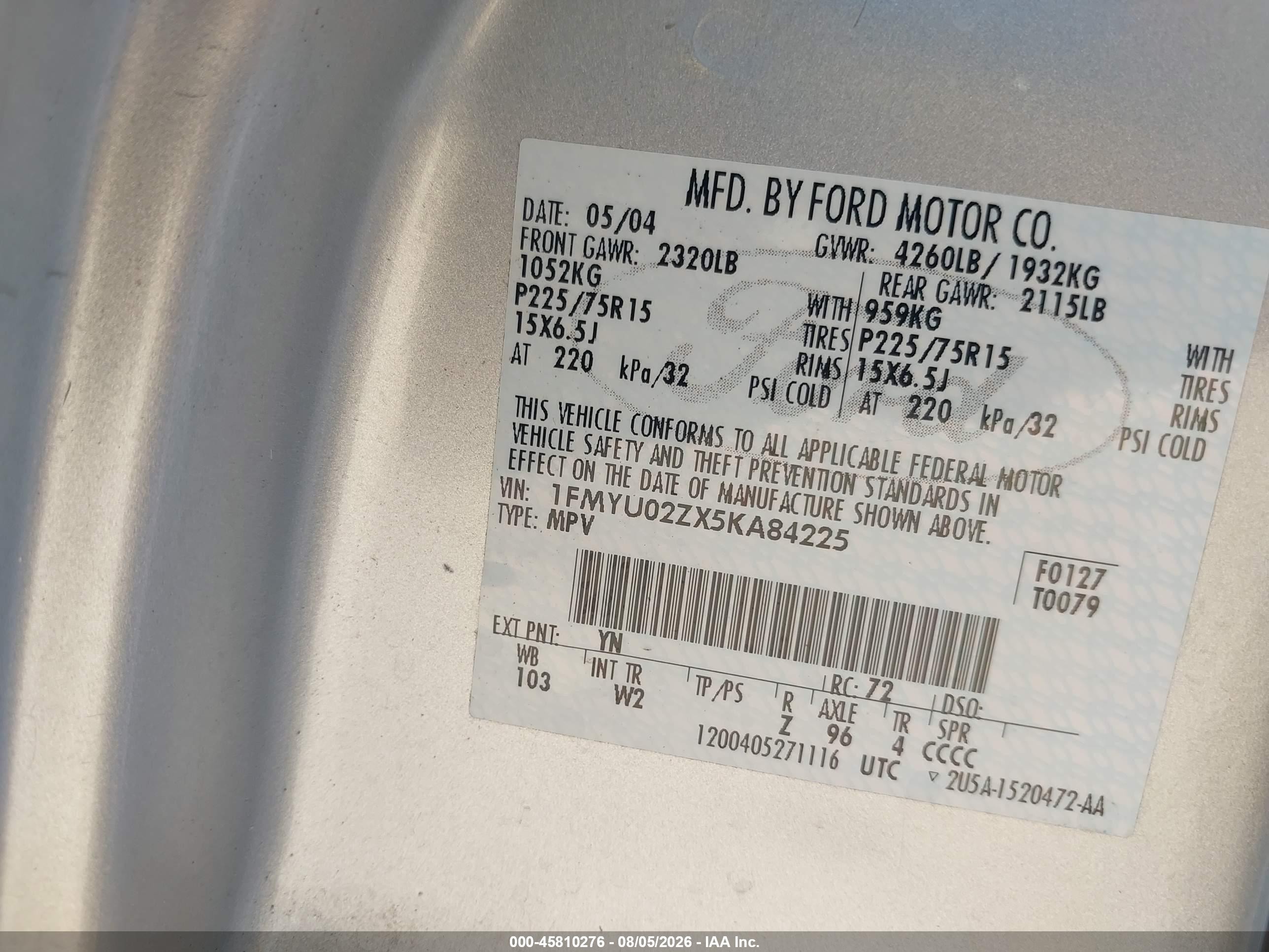2005 Ford Escape Xls Silver vin: 1FMYU02ZX5KA84225