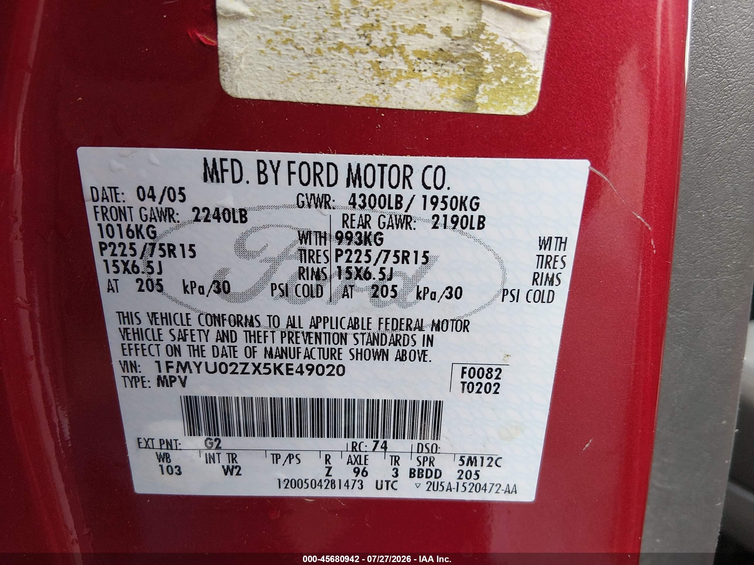 2005 Ford Escape Xls Red vin: 1FMYU02ZX5KE49020