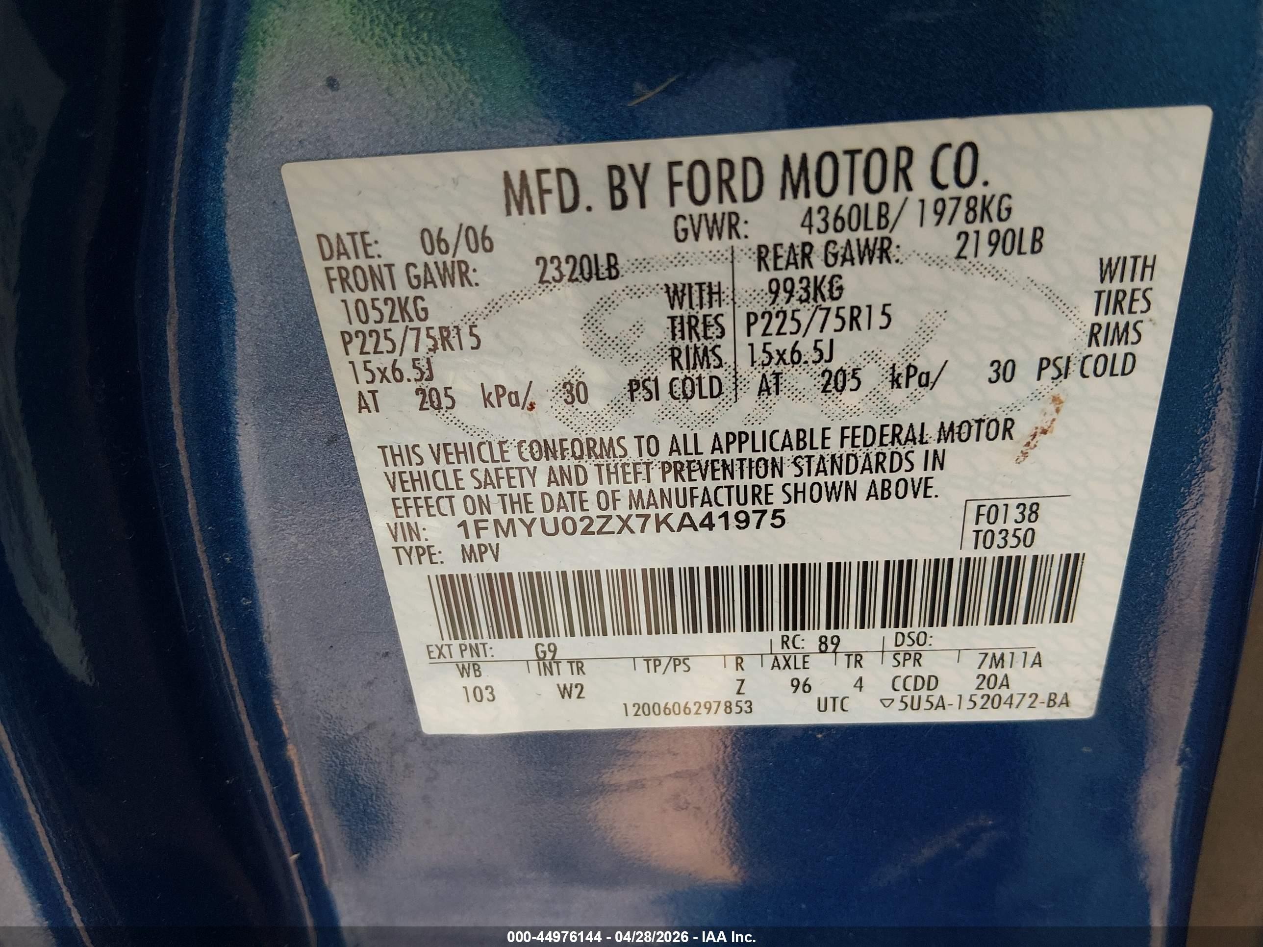 2007 Ford Escape Xls/xls Manual Синий vin: 1FMYU02ZX7KA41975