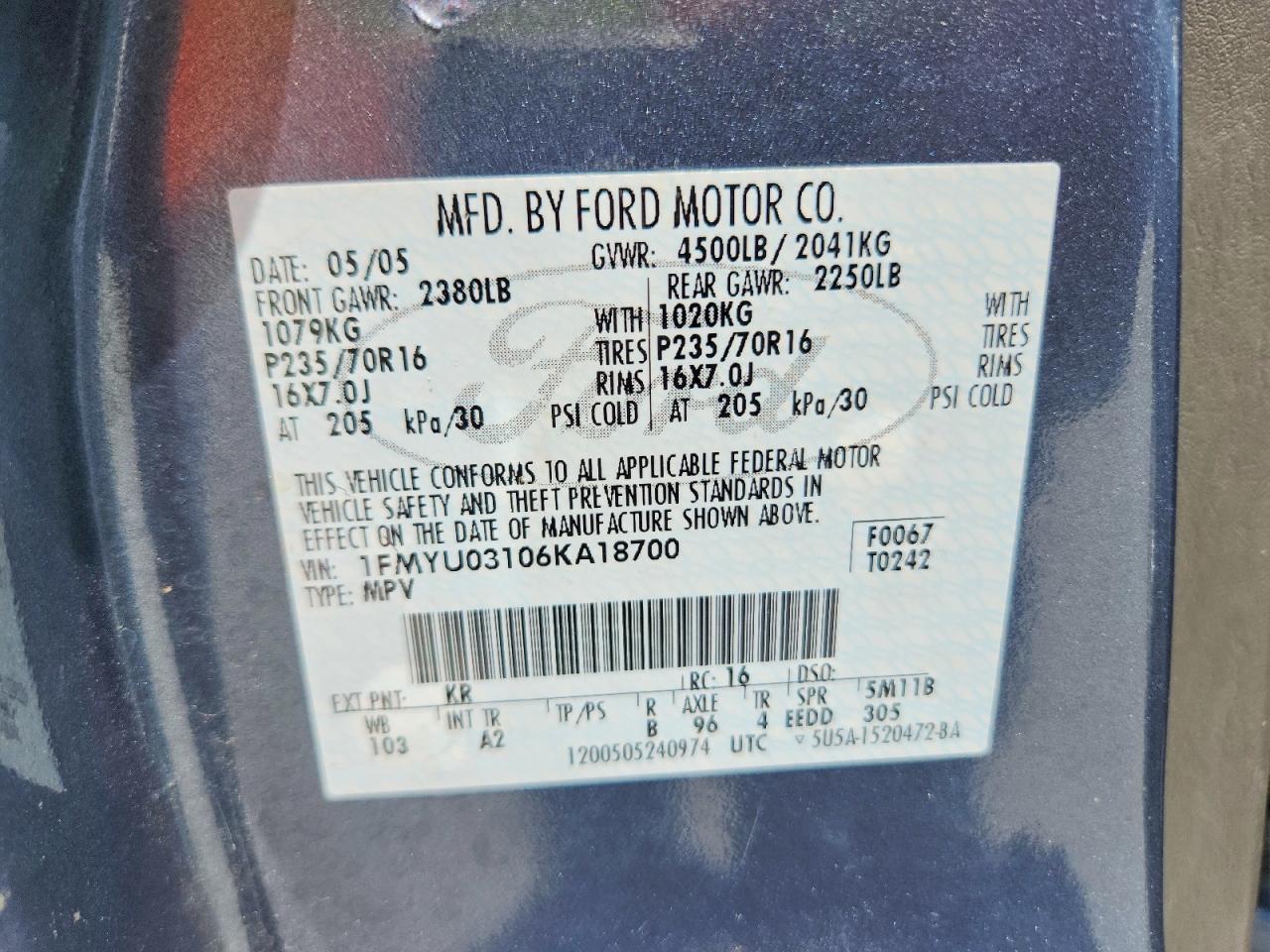 2006 Ford Escape Xlt Blue vin: 1FMYU03106KA18700