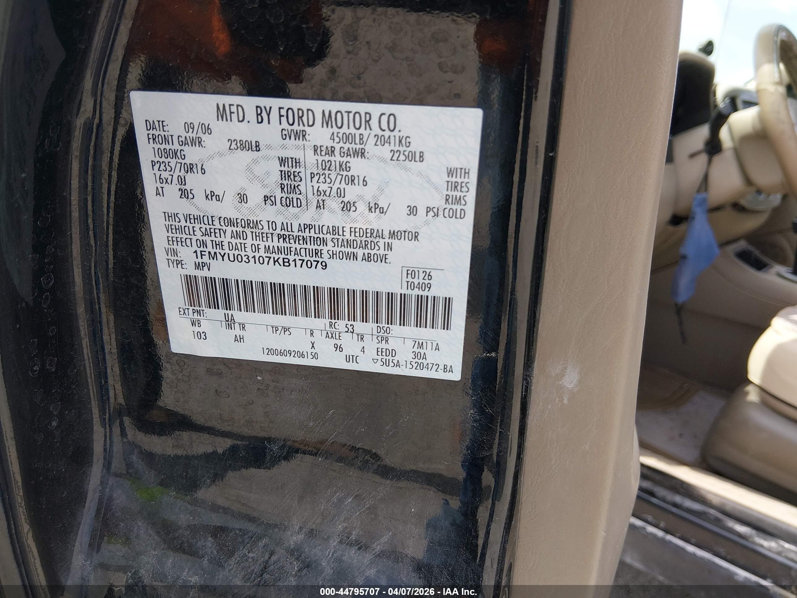 2007 Ford Escape Xlt/xlt Sport Black vin: 1FMYU03107KB17079