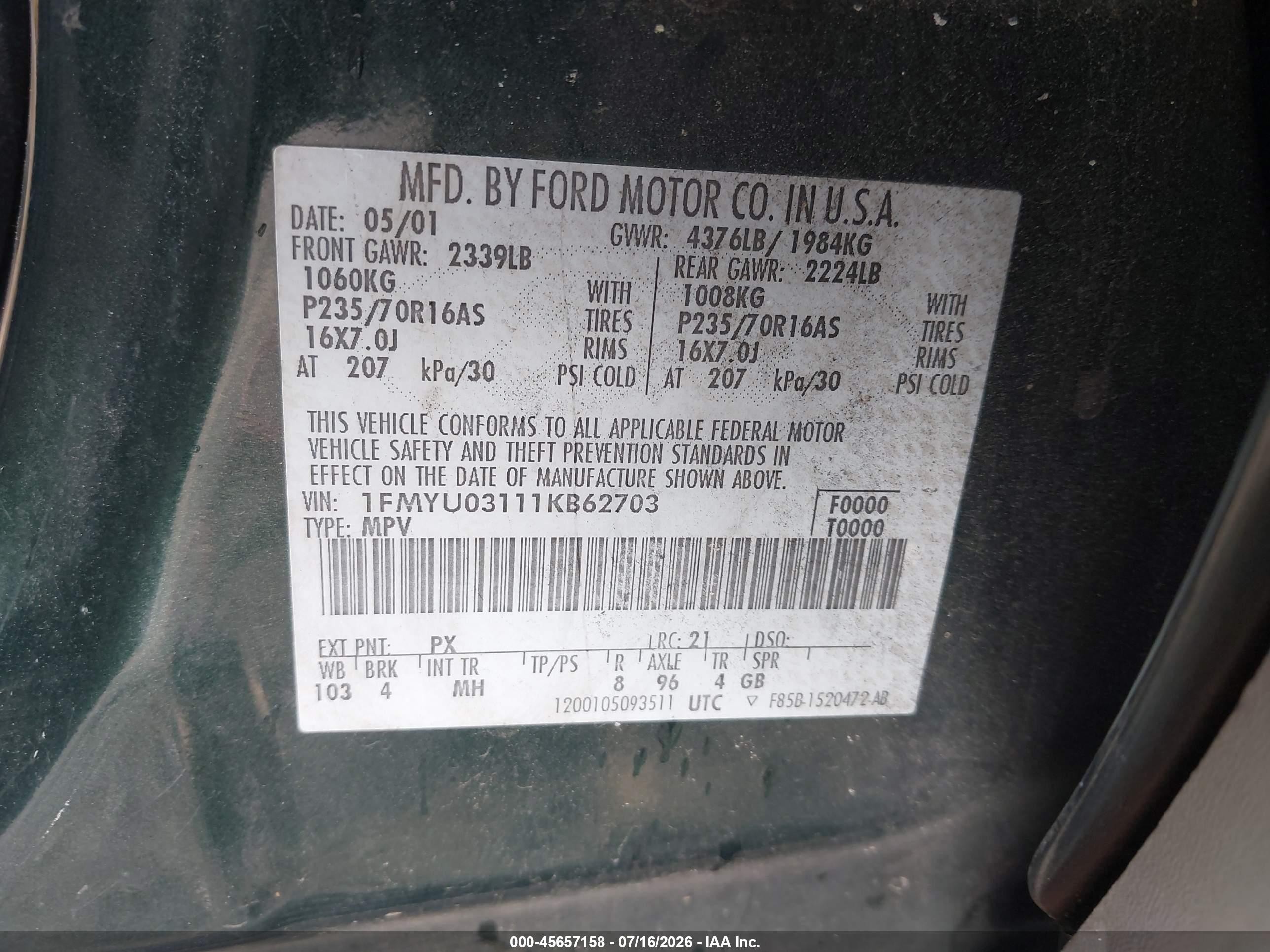 2001 Ford Escape Xlt Green vin: 1FMYU03111KB62703