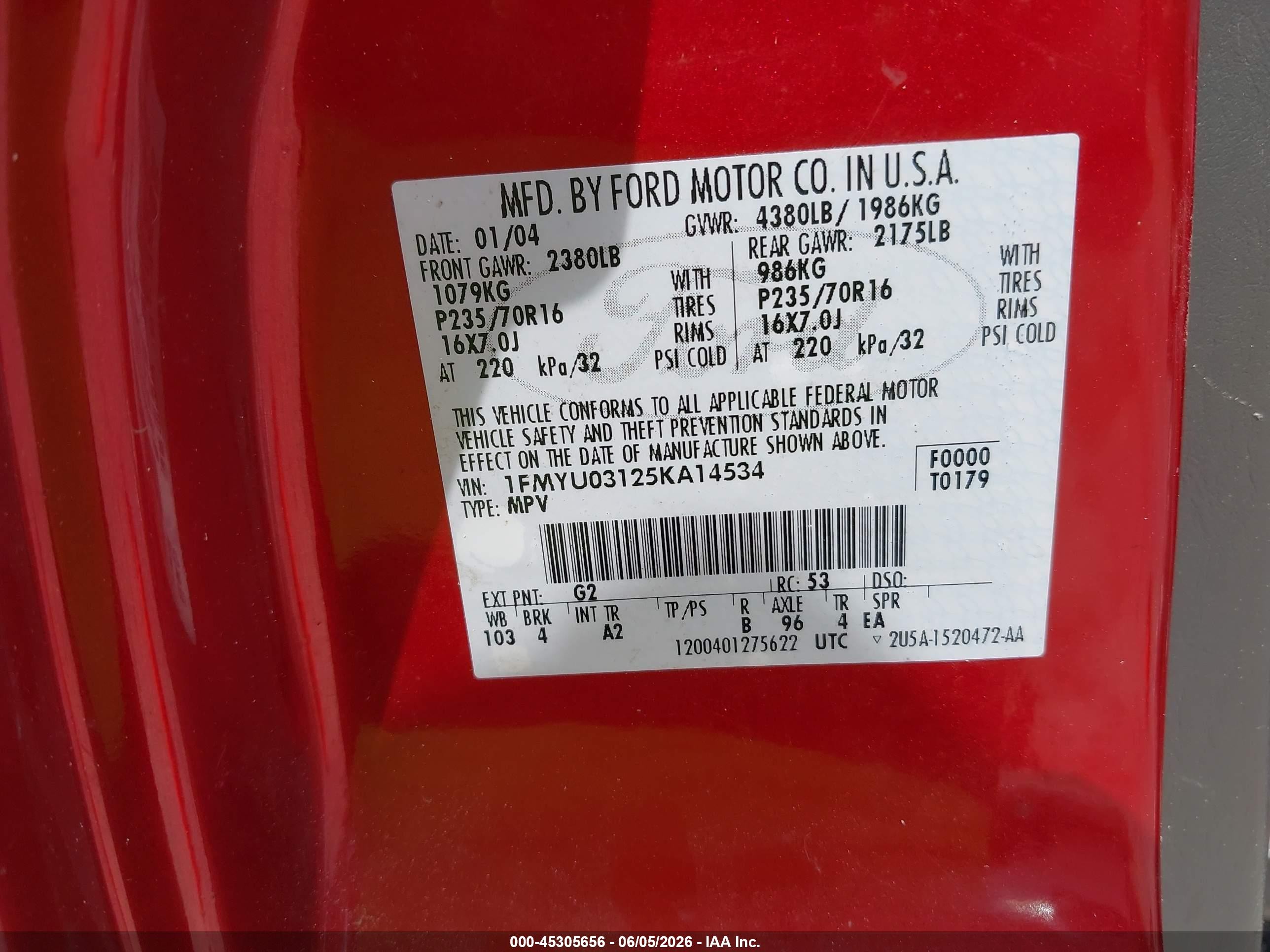 2005 Ford Escape Xlt Red vin: 1FMYU03125KA14534