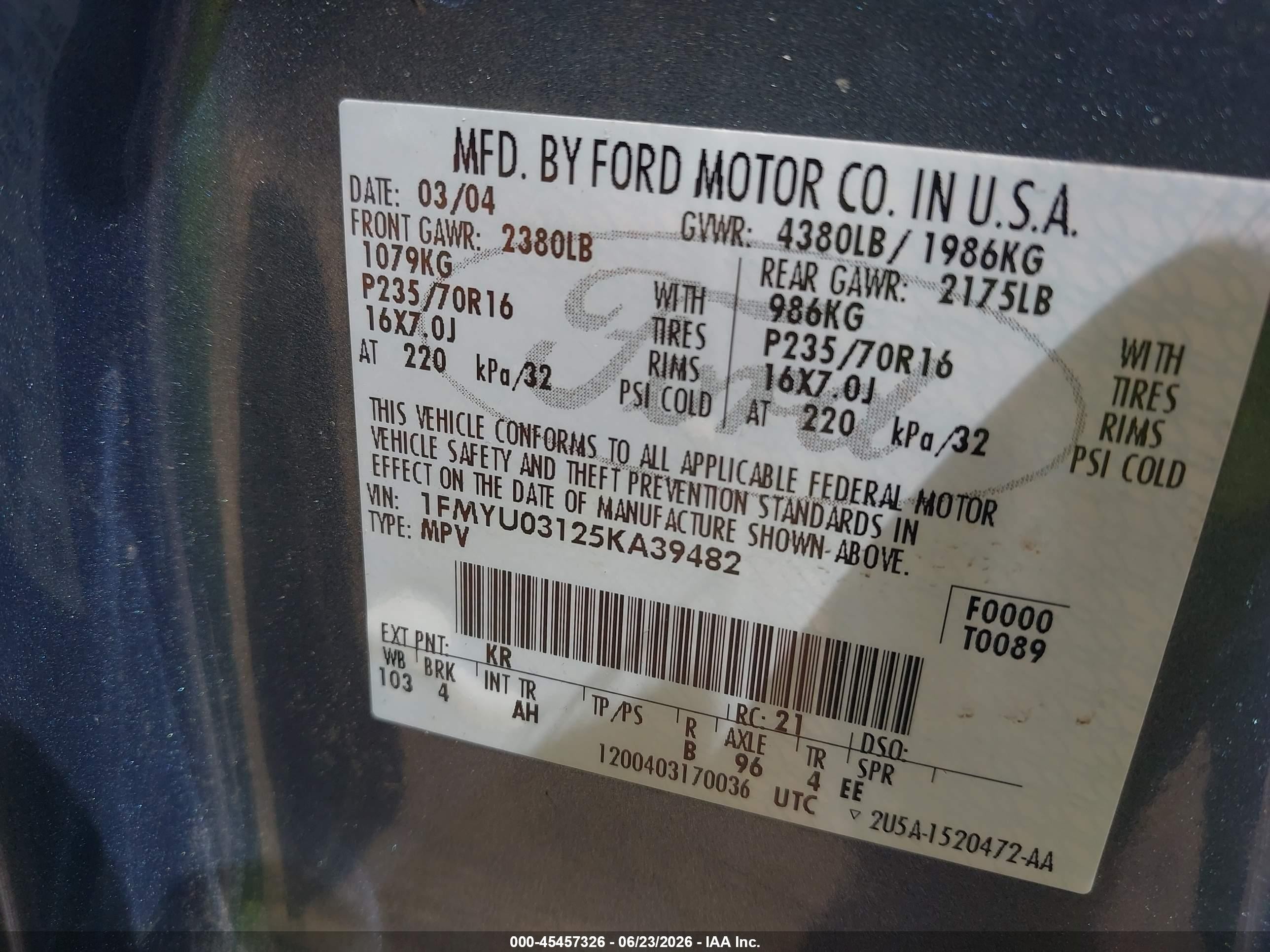2005 Ford Escape Xlt Blue vin: 1FMYU03125KA39482