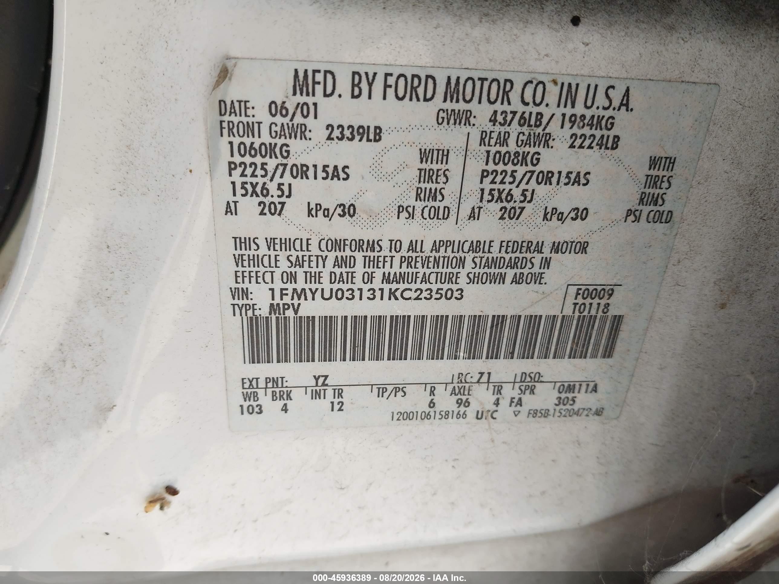 2001 Ford Escape Xlt White vin: 1FMYU03131KC23503