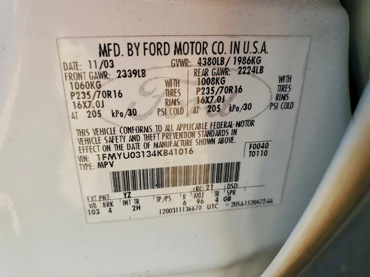 2004 Ford Escape Xlt White vin: 1FMYU03134KB41016