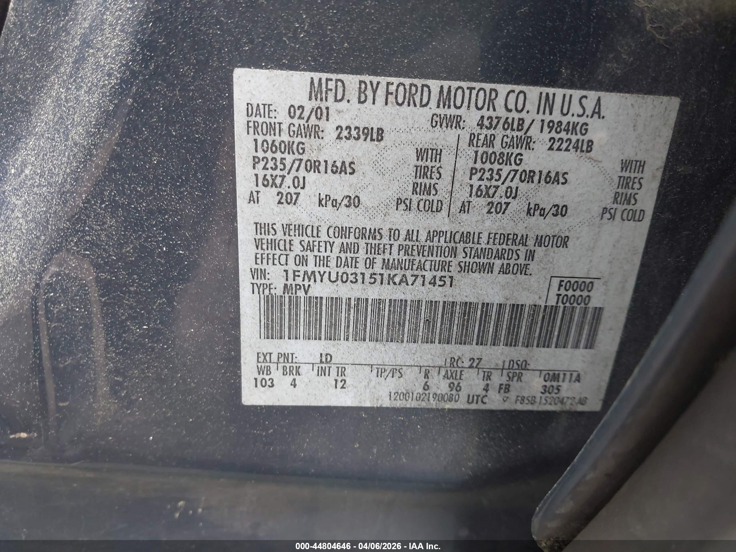 2001 Ford Escape Xlt Blue vin: 1FMYU03151KA71451