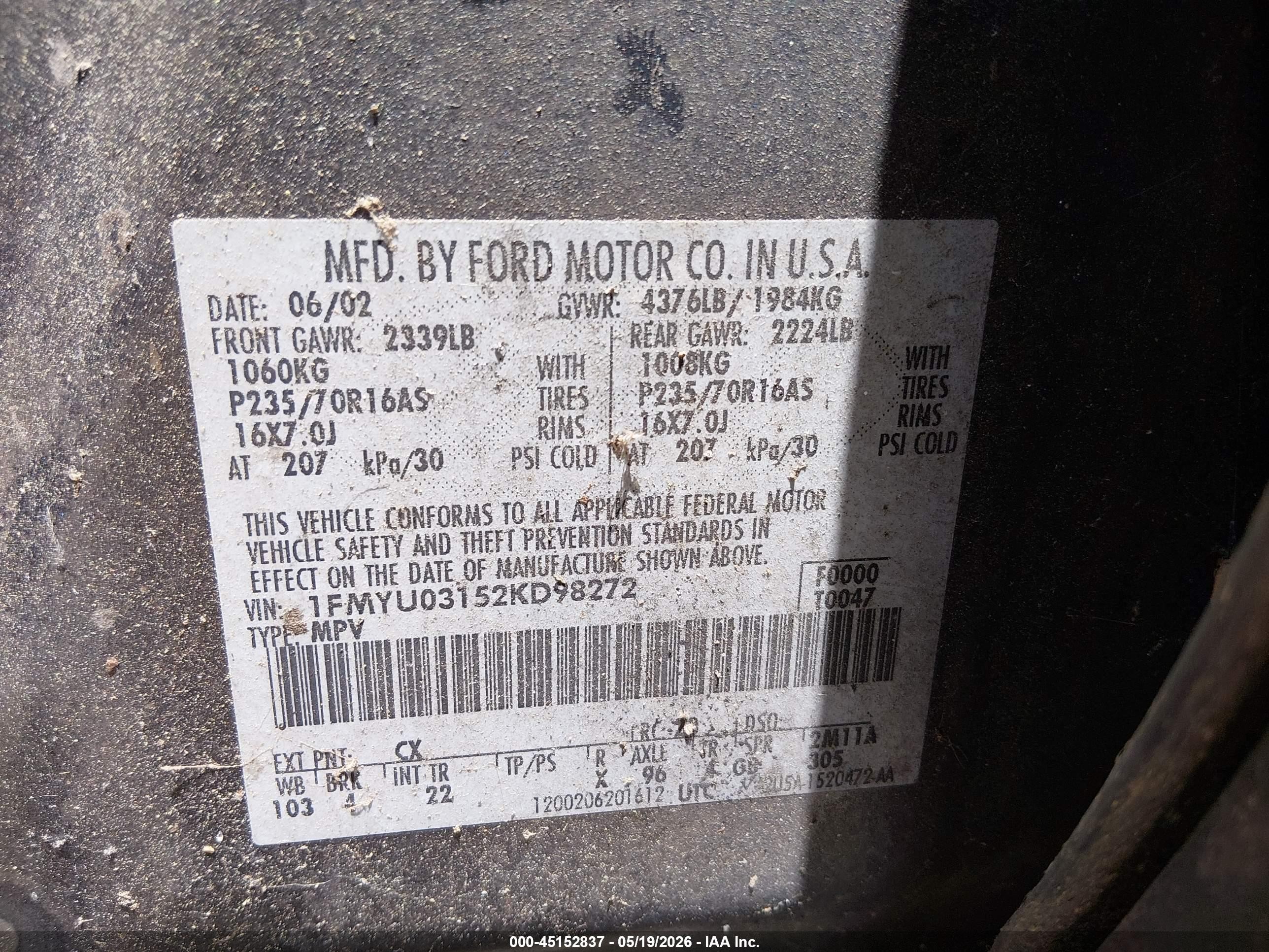 2002 Ford Escape Xlt Gray vin: 1FMYU03152KD98272