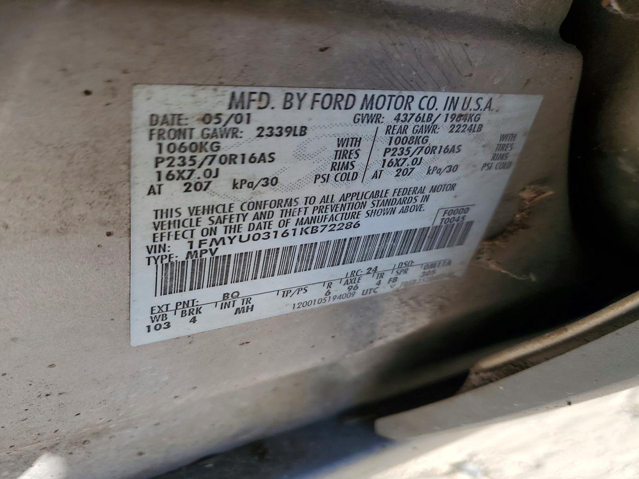 2001 Ford Escape Xlt Серебряный vin: 1FMYU03161KB72286