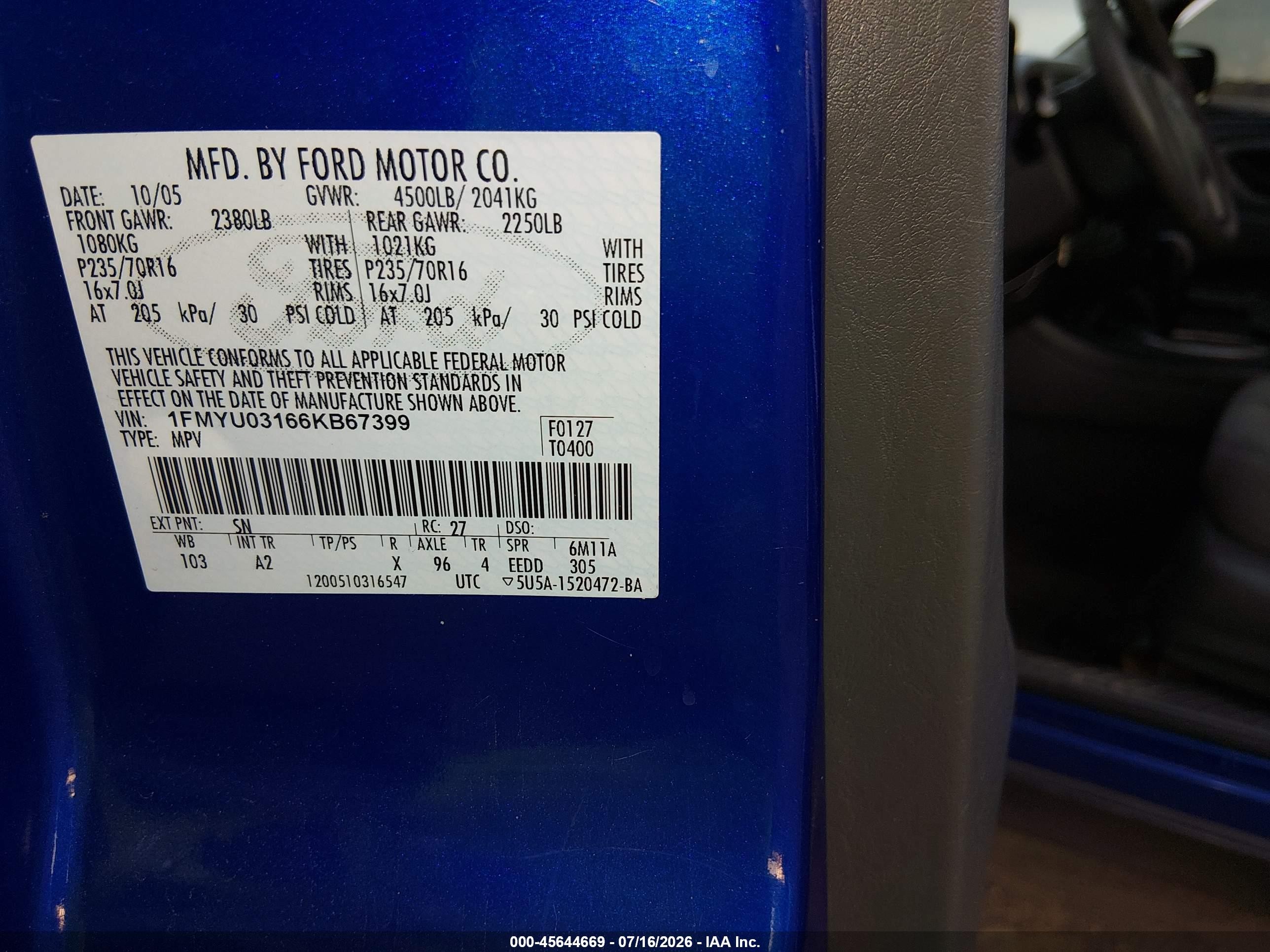 2006 Ford Escape Xlt/xlt Sport Blue vin: 1FMYU03166KB67399