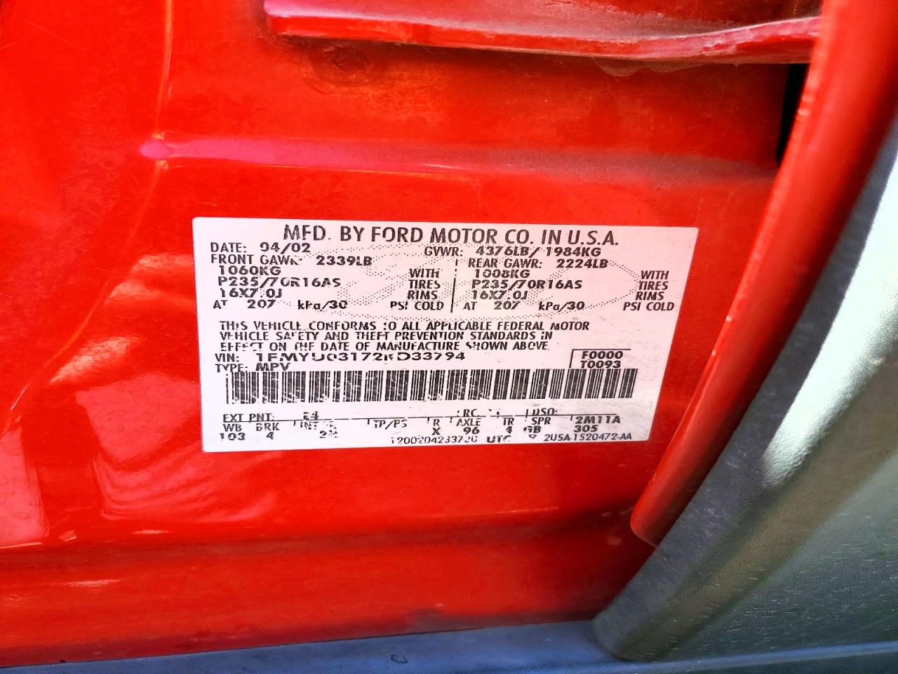 2002 Ford Escape Red vin: 1FMYU03172KD33794