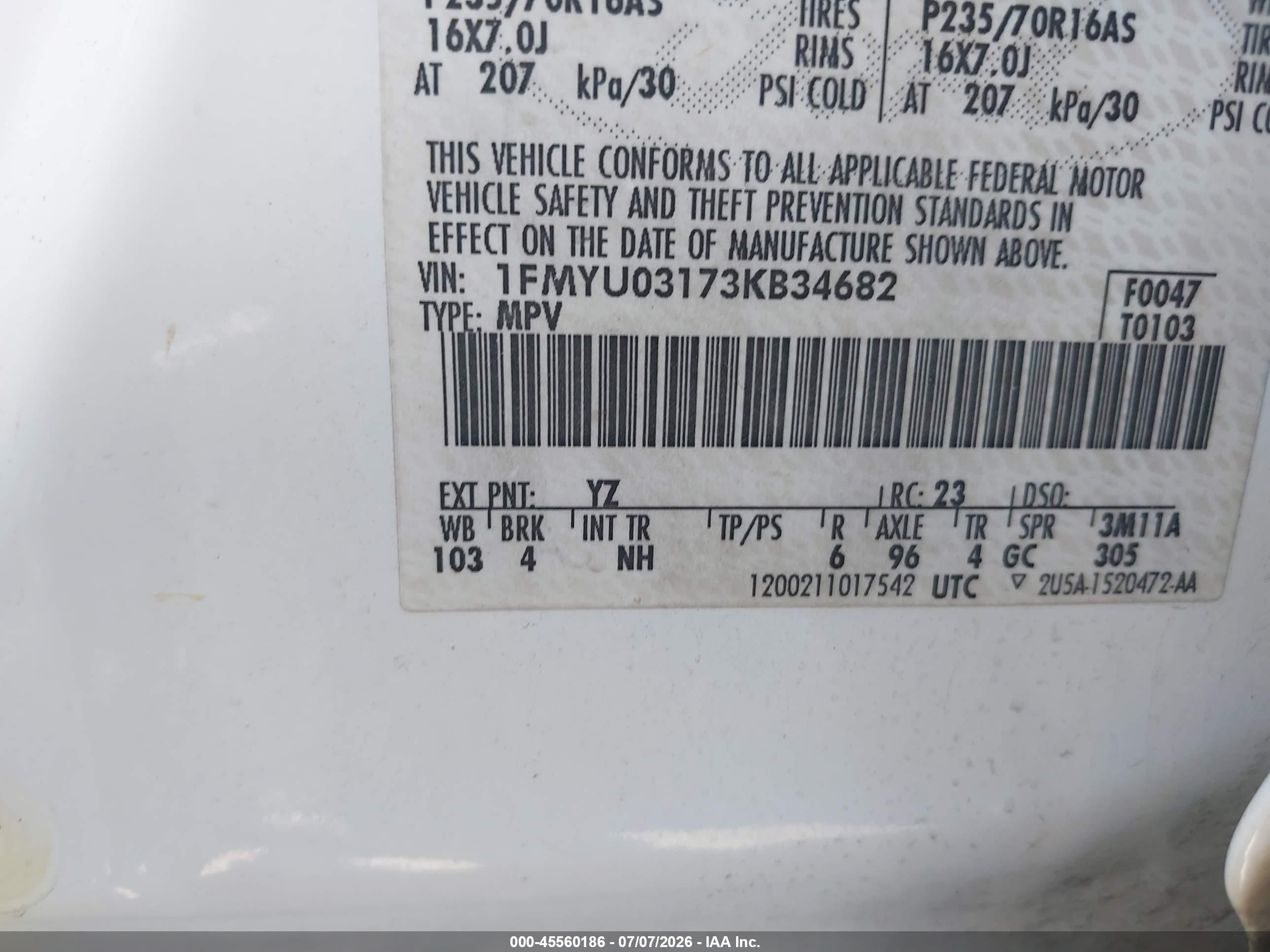 2003 Ford Escape Xlt Белый vin: 1FMYU03173KB34682
