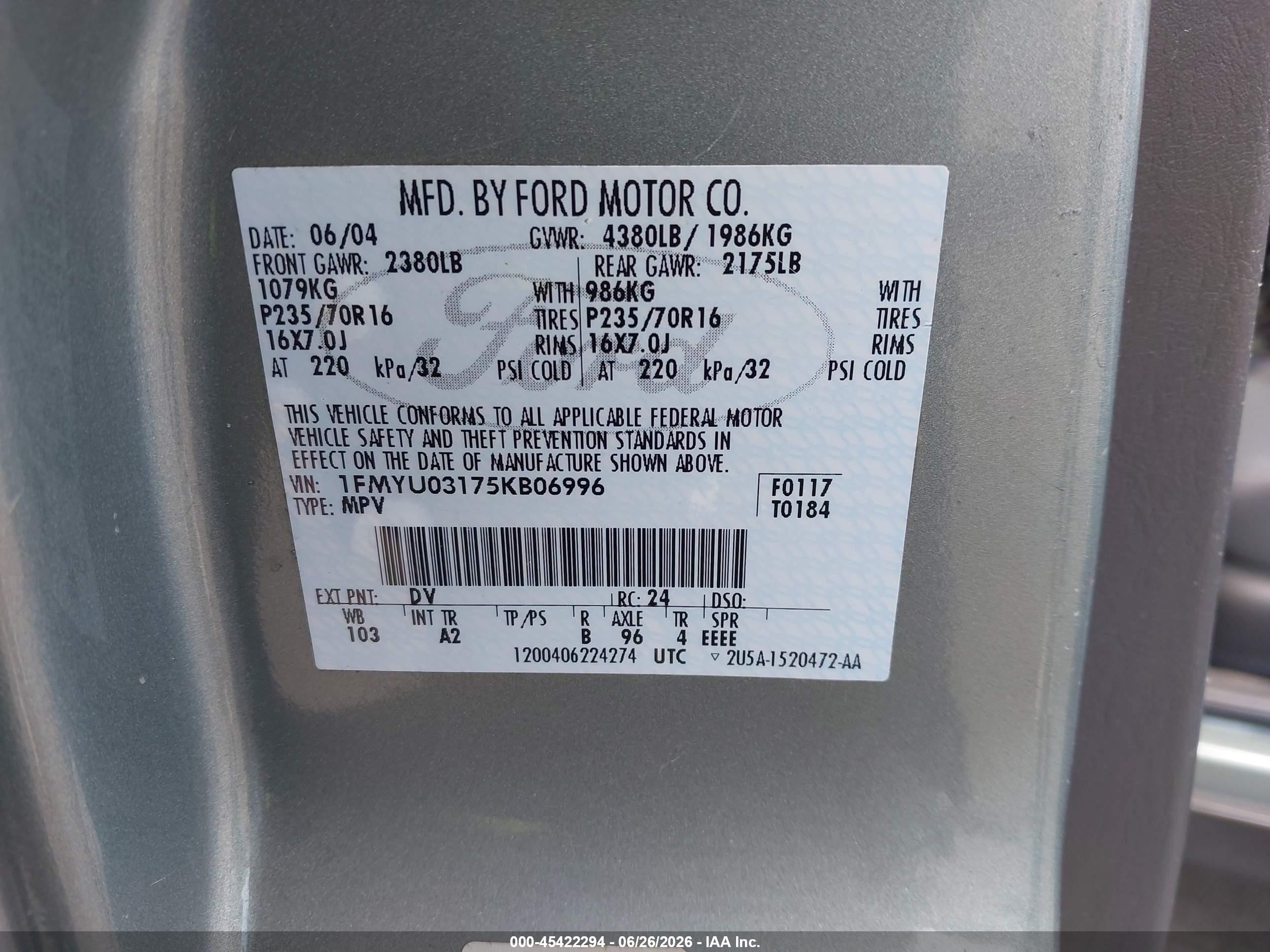 2005 Ford Escape Xlt Light Blue vin: 1FMYU03175KB06996