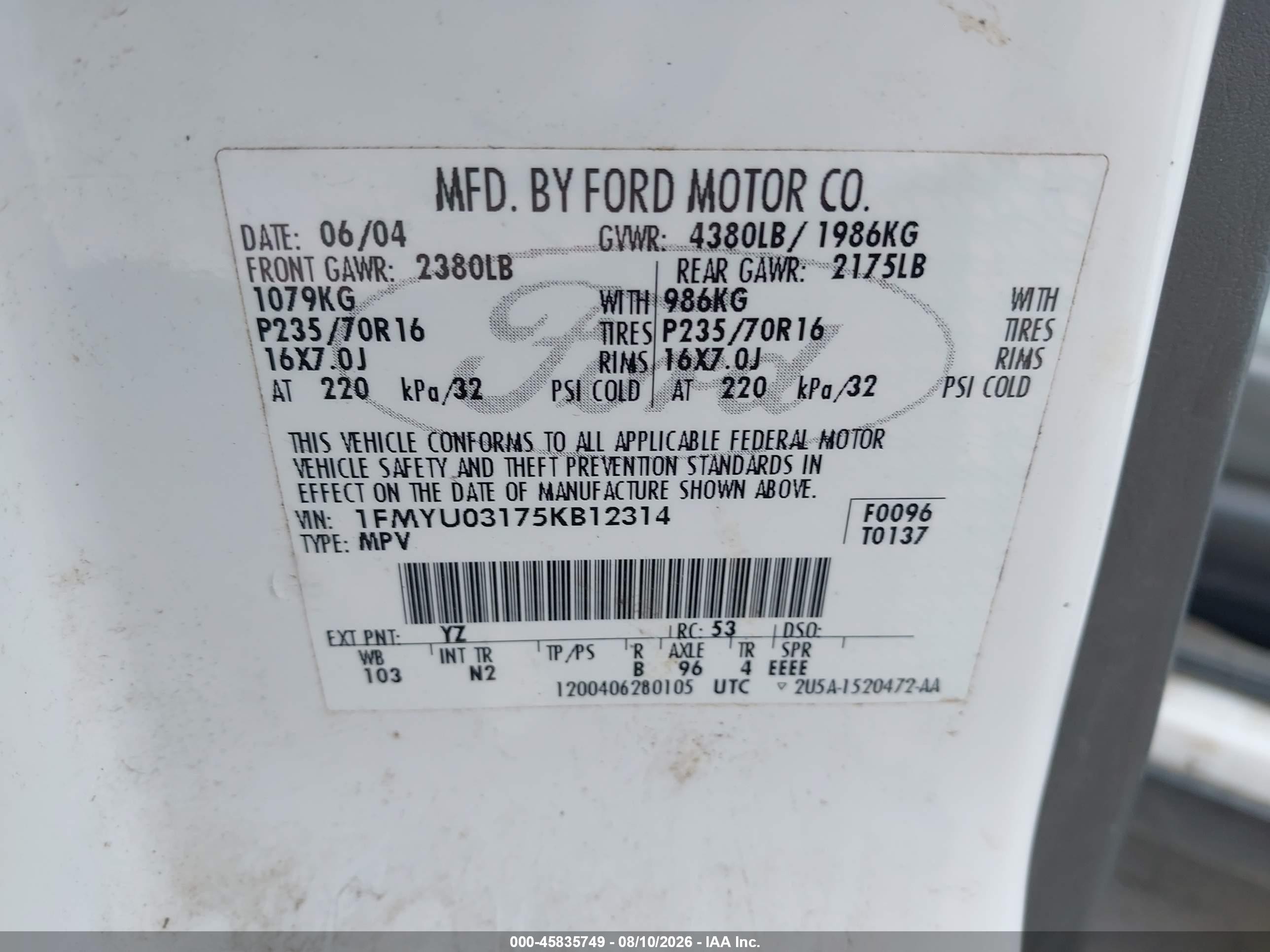 2005 Ford Escape Xlt White vin: 1FMYU03175KB12314