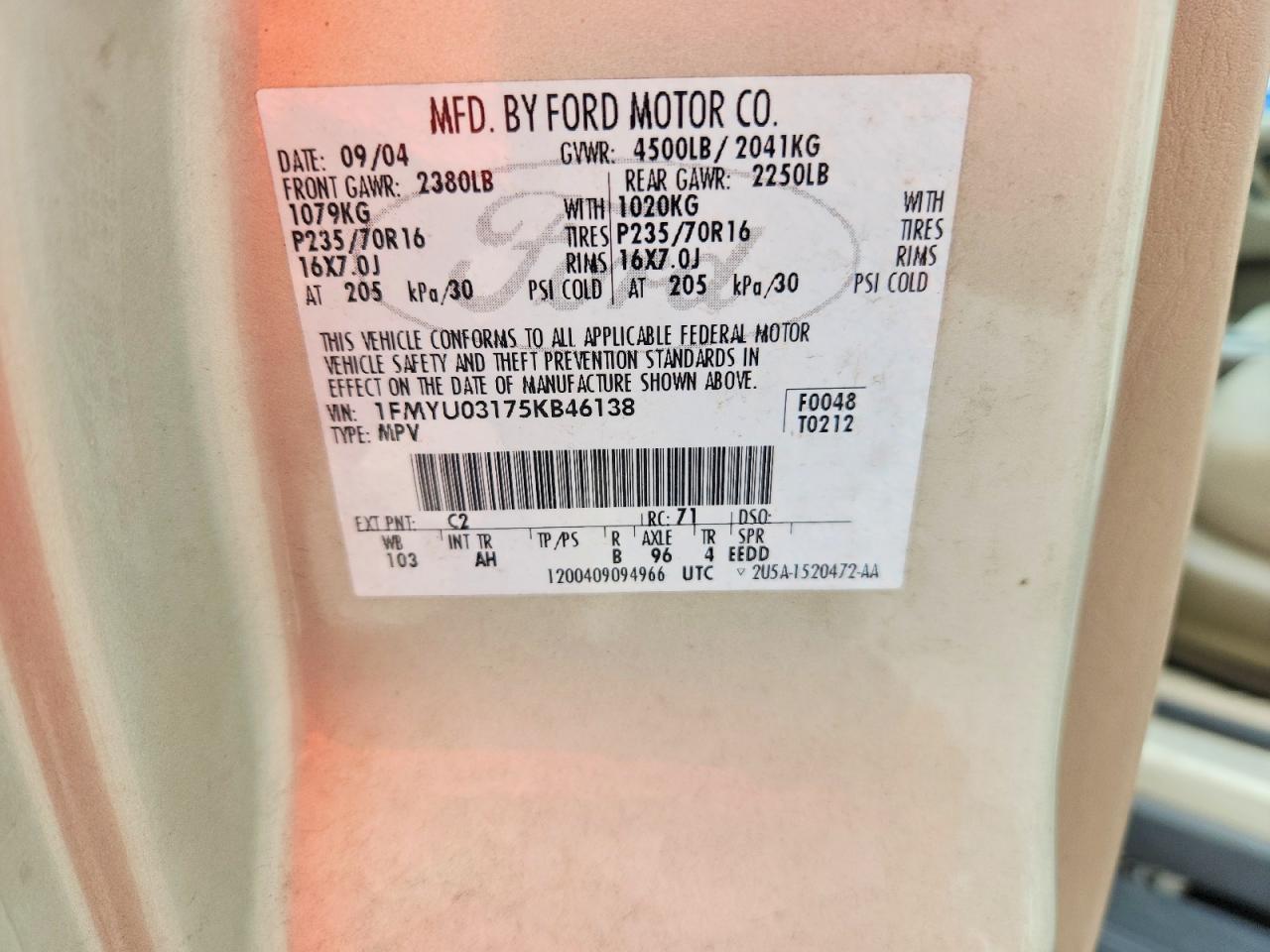 2005 Ford Escape Xlt Tan vin: 1FMYU03175KB46138