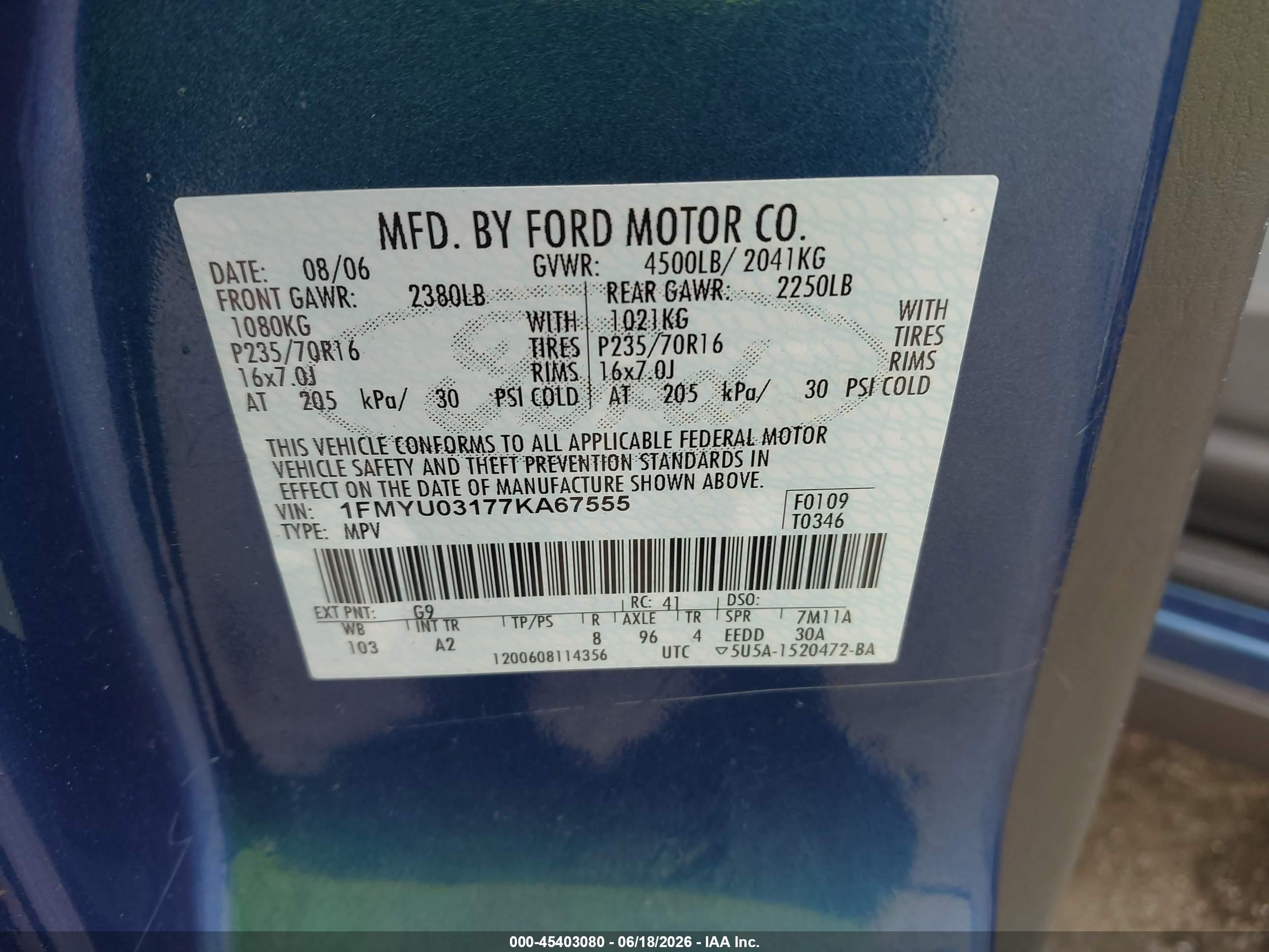 2007 Ford Escape Xlt/xlt Sport Blue vin: 1FMYU03177KA67555