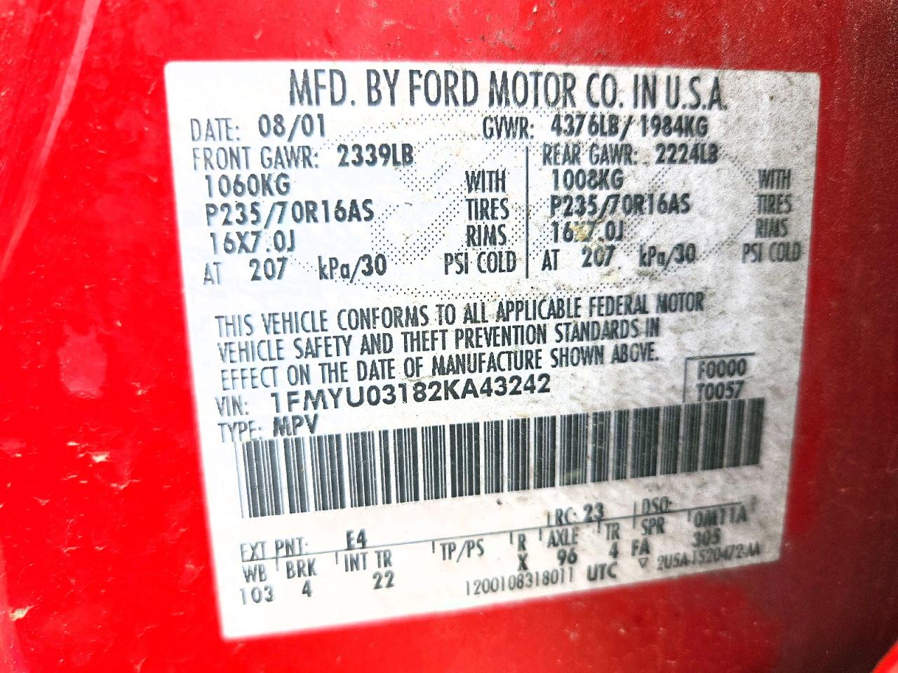 2002 Ford Escape Xlt Red vin: 1FMYU03182KA43242