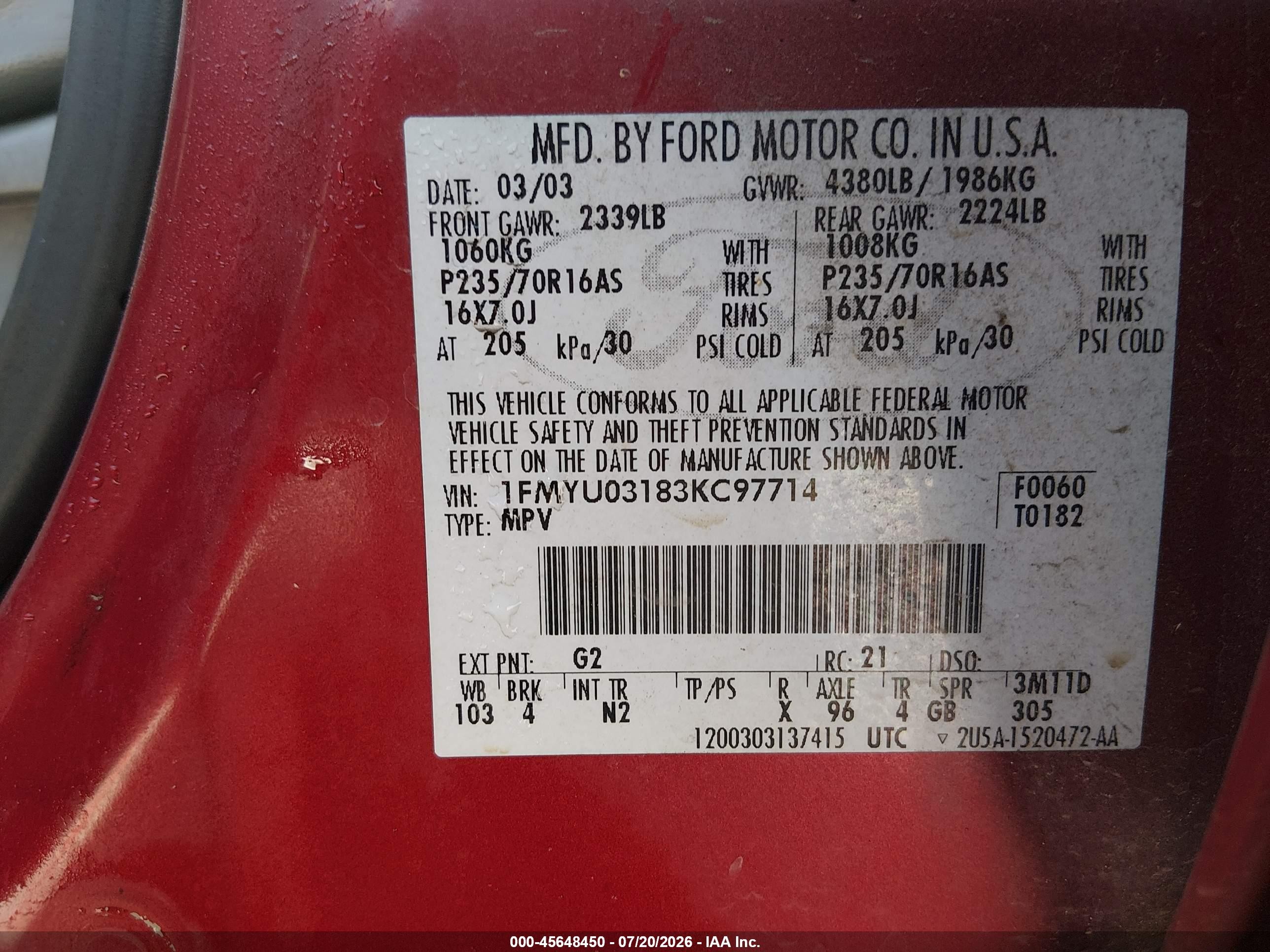 2003 Ford Escape Xlt Red vin: 1FMYU03183KC97714