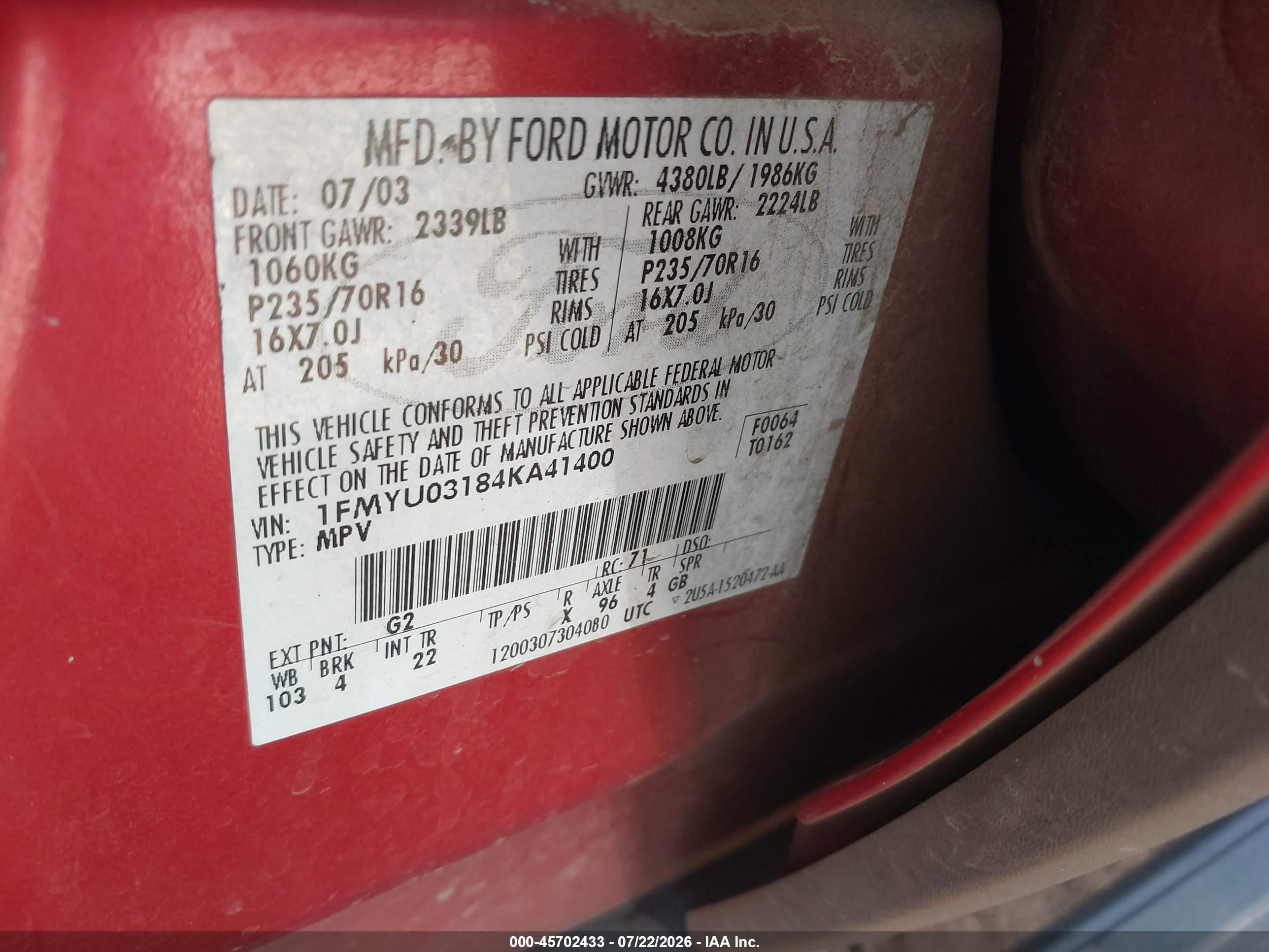 2004 Ford Escape Xlt Red vin: 1FMYU03184KA41400