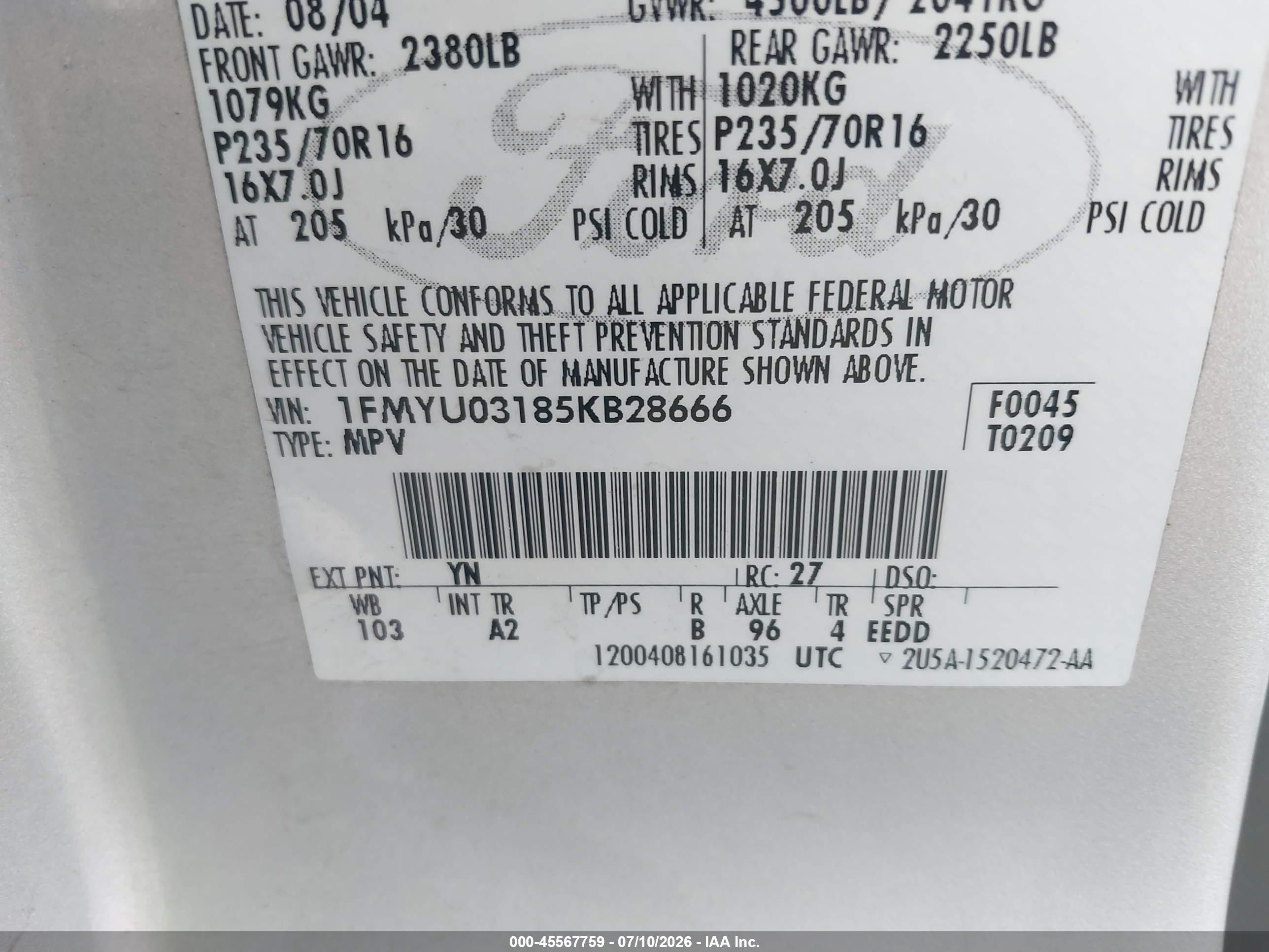 2005 Ford Escape Xlt Silver vin: 1FMYU03185KB28666