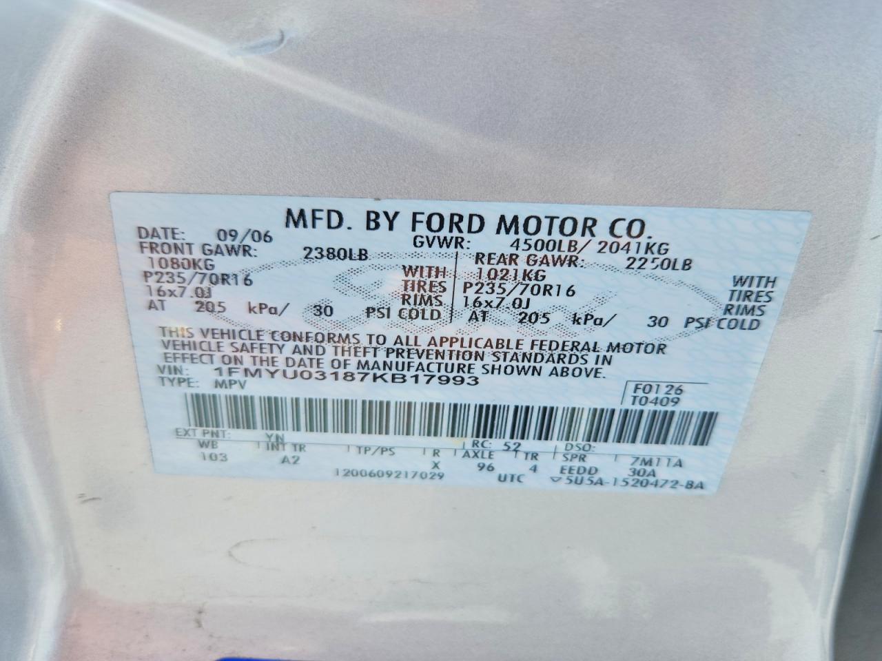 2007 Ford Escape Xlt Silver vin: 1FMYU03187KB17993