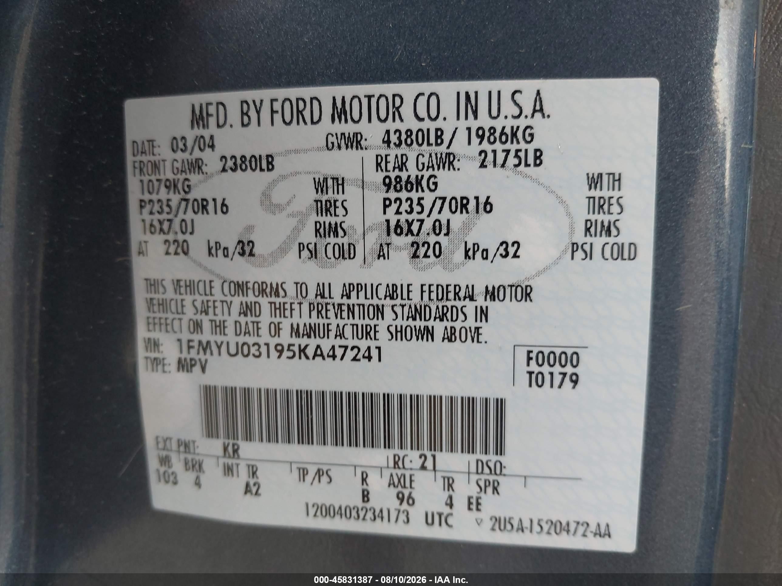 2005 Ford Escape Xlt Blue vin: 1FMYU03195KA47241