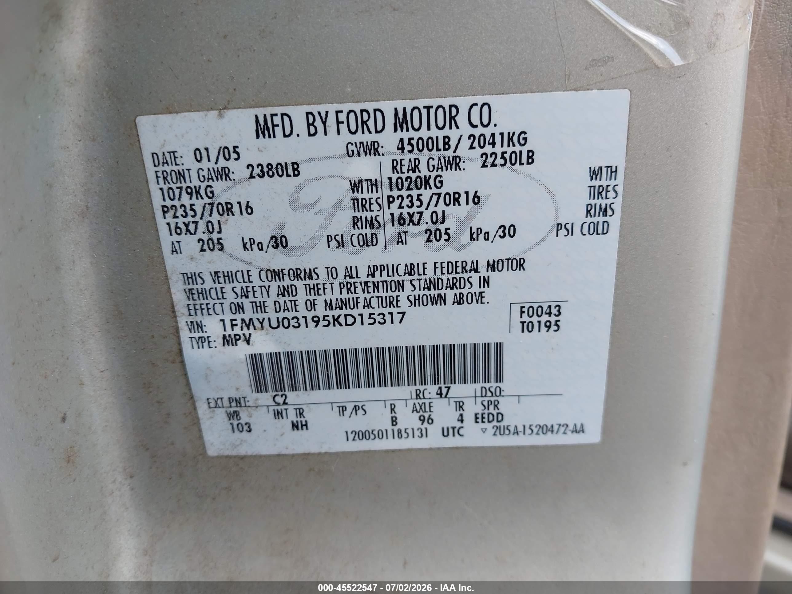 2005 Ford Escape Xlt Серебряный vin: 1FMYU03195KD15317