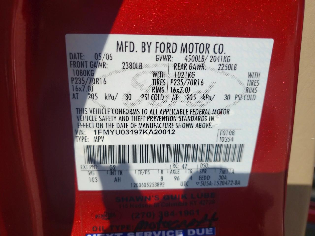 2007 Ford Escape Xlt Burgundy vin: 1FMYU03197KA20012