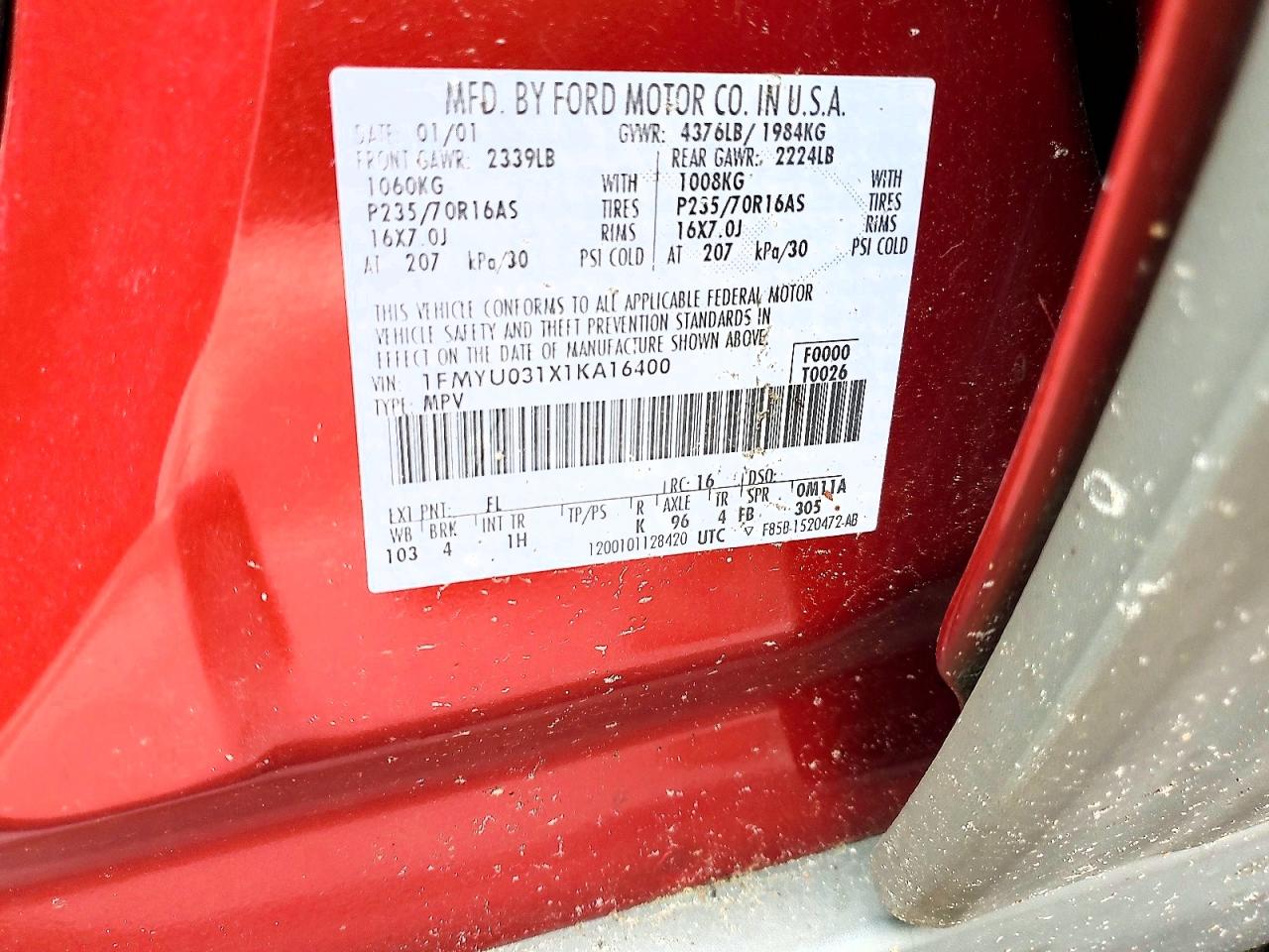 2001 Ford Escape Xlt Red vin: 1FMYU031X1KA16400