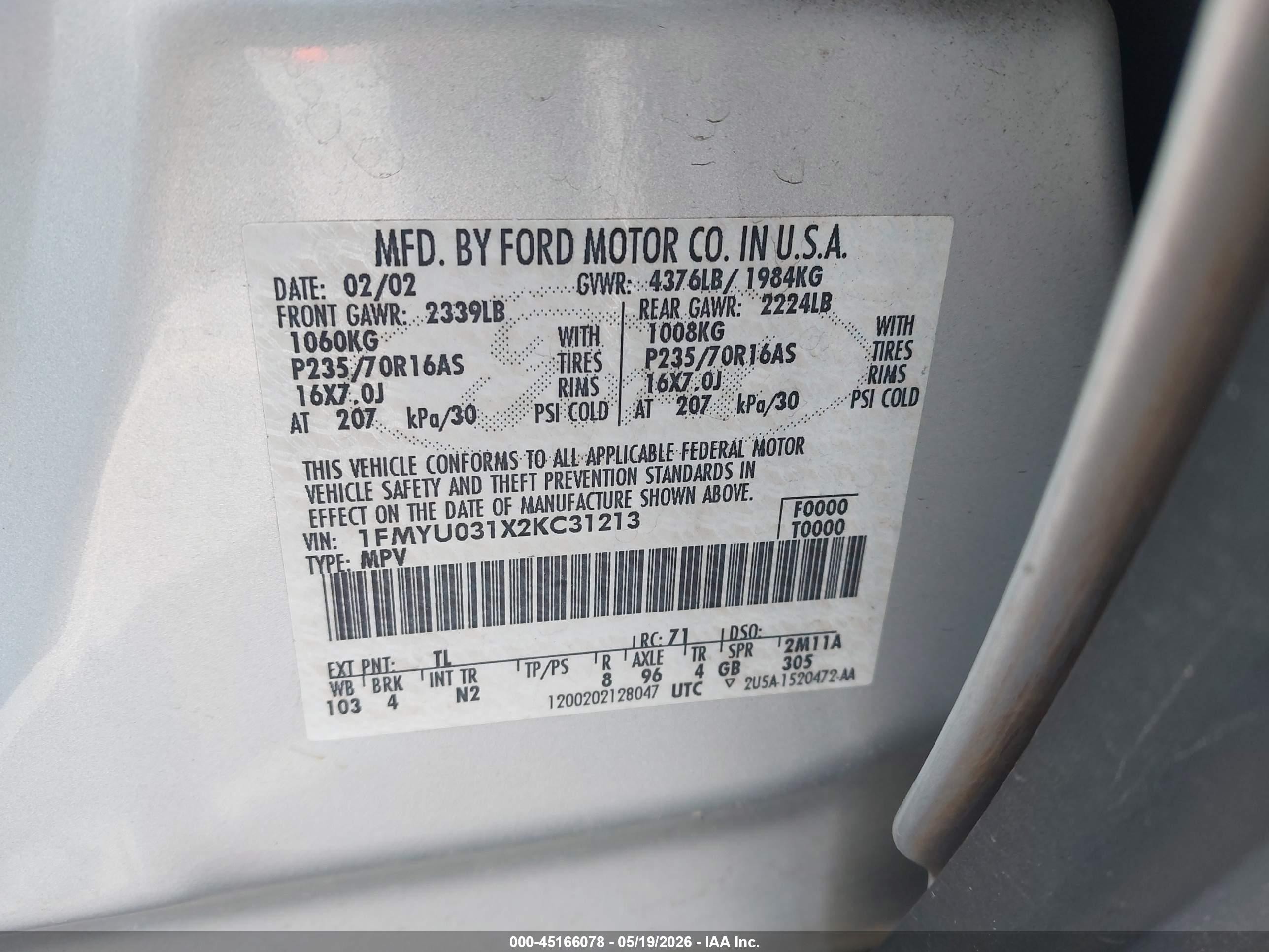 2002 Ford Escape Xlt Silver vin: 1FMYU031X2KC31213