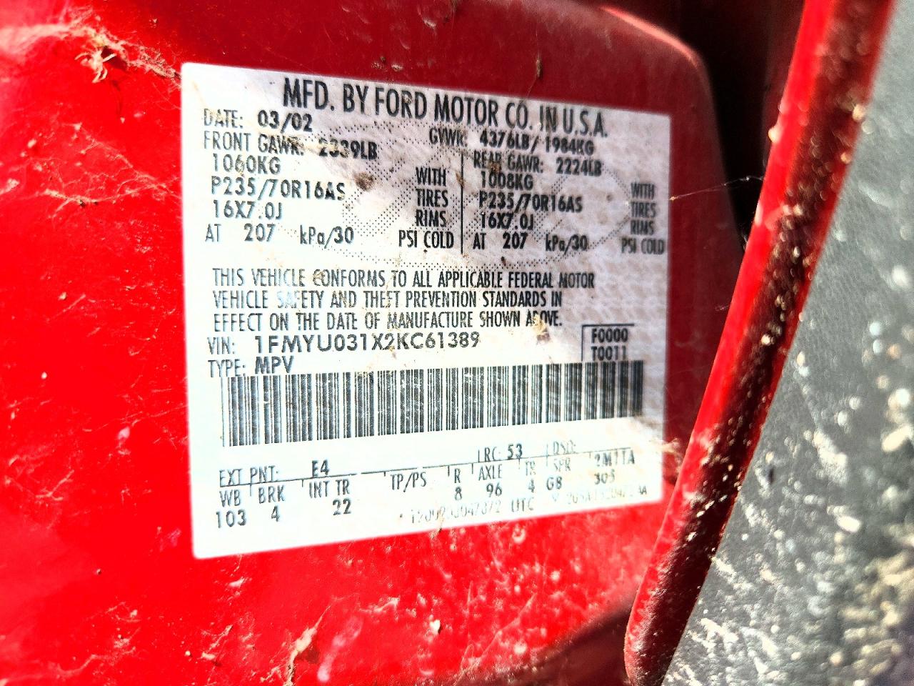 2002 Ford Escape Xlt Red vin: 1FMYU031X2KC61389