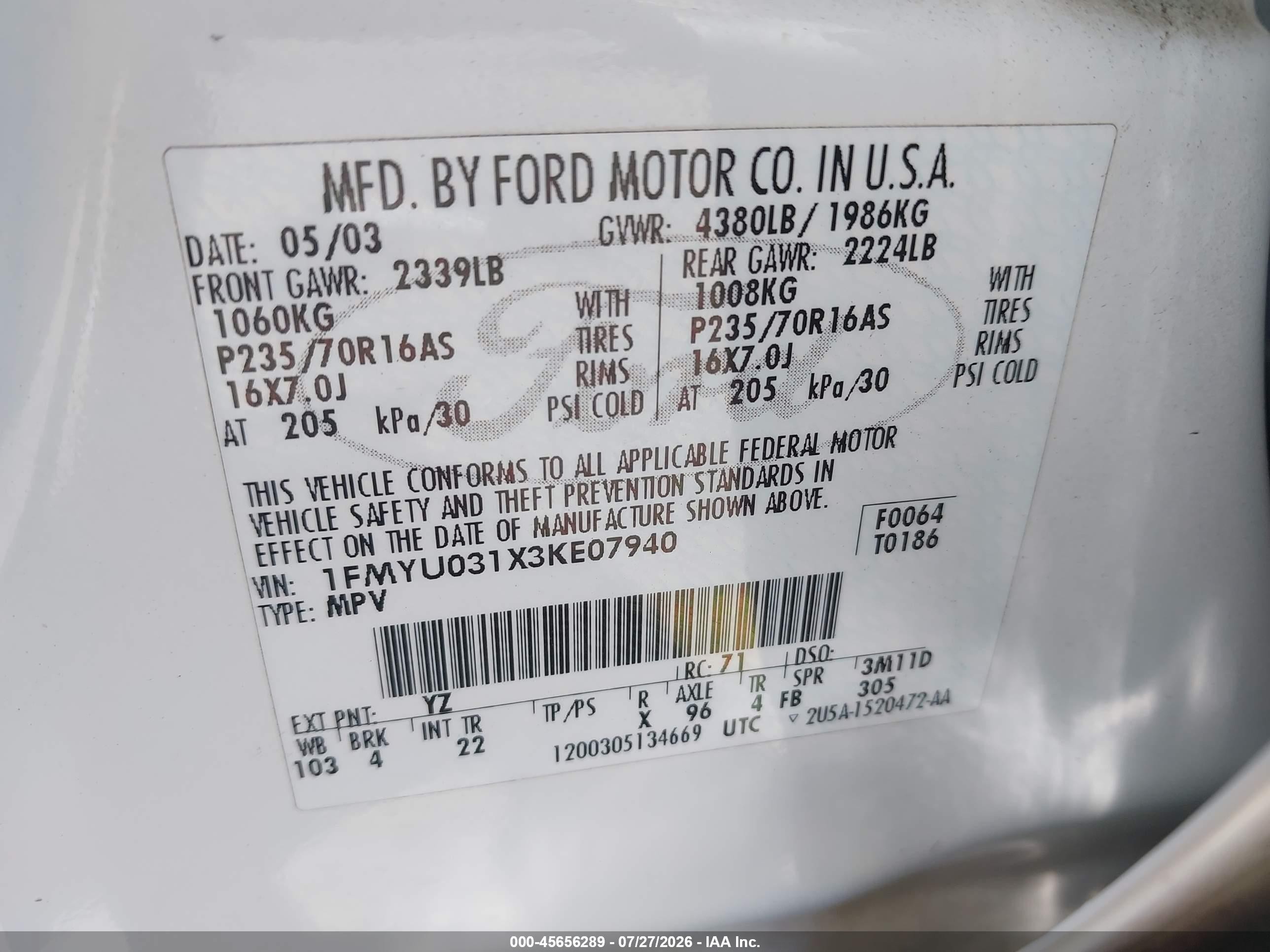 2003 Ford Escape Xlt Белый vin: 1FMYU031X3KE07940