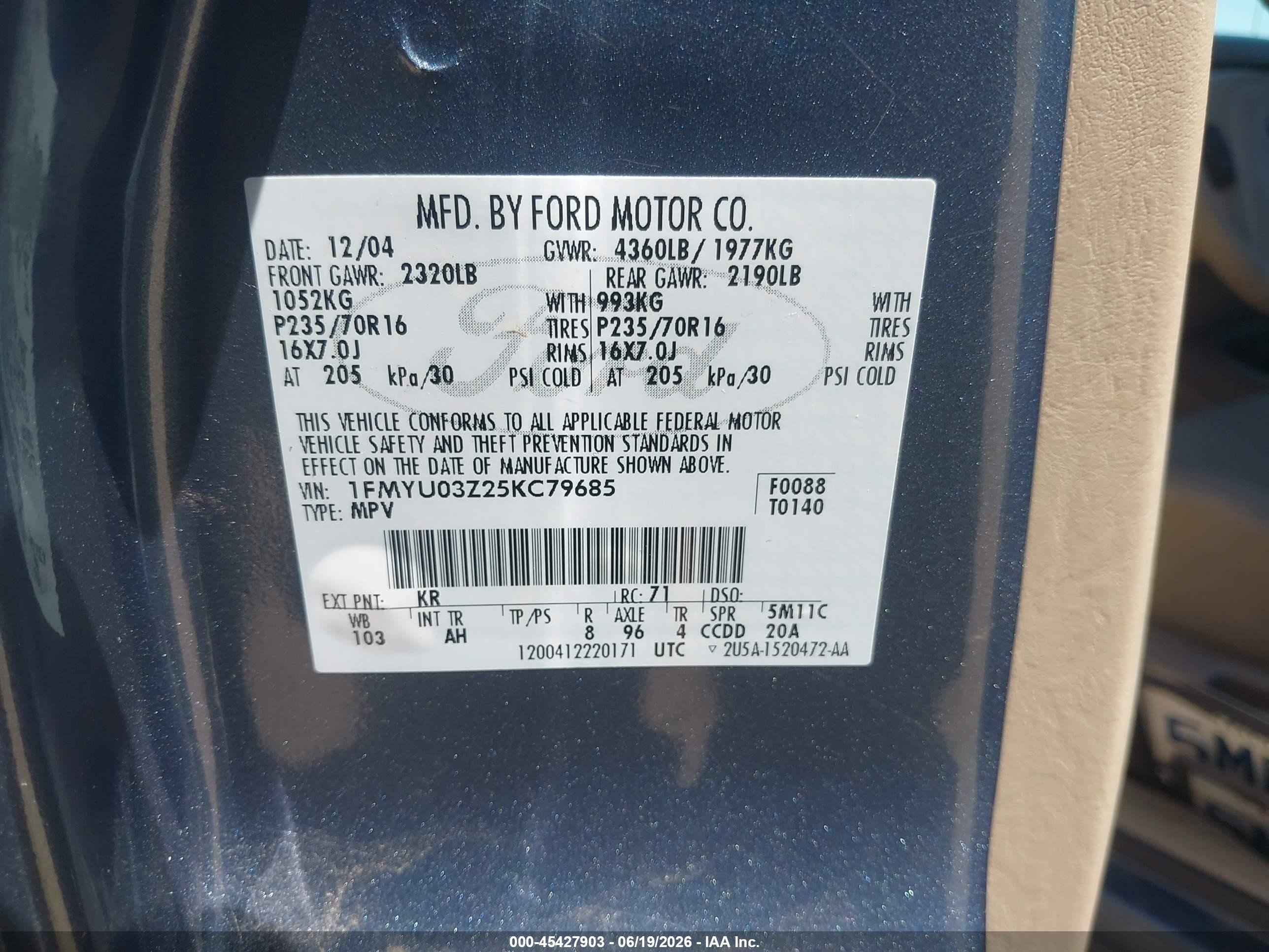 2005 Ford Escape Xlt Blue vin: 1FMYU03Z25KC79685