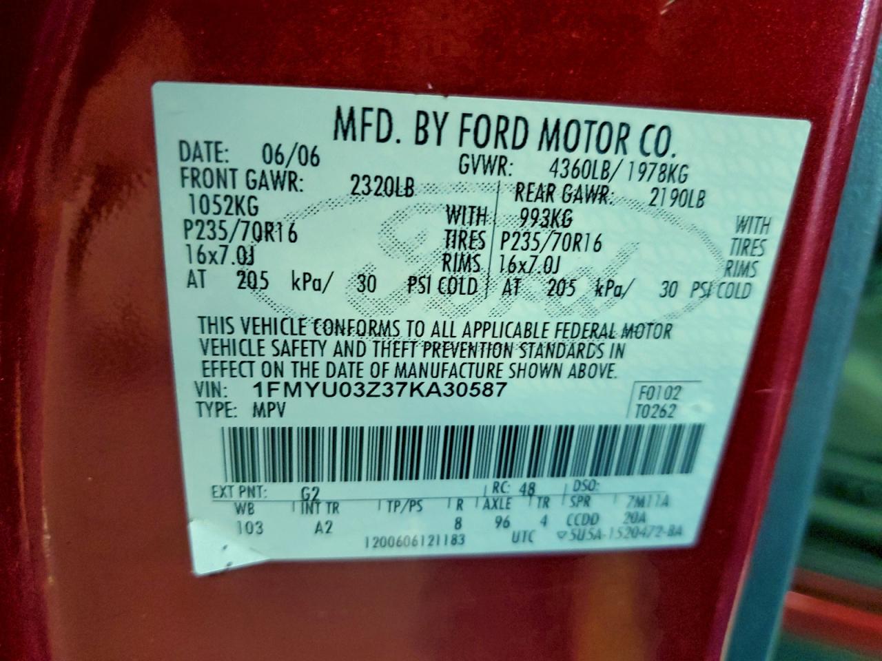 2007 Ford Escape Red vin: 1FMYU03Z37KA30587