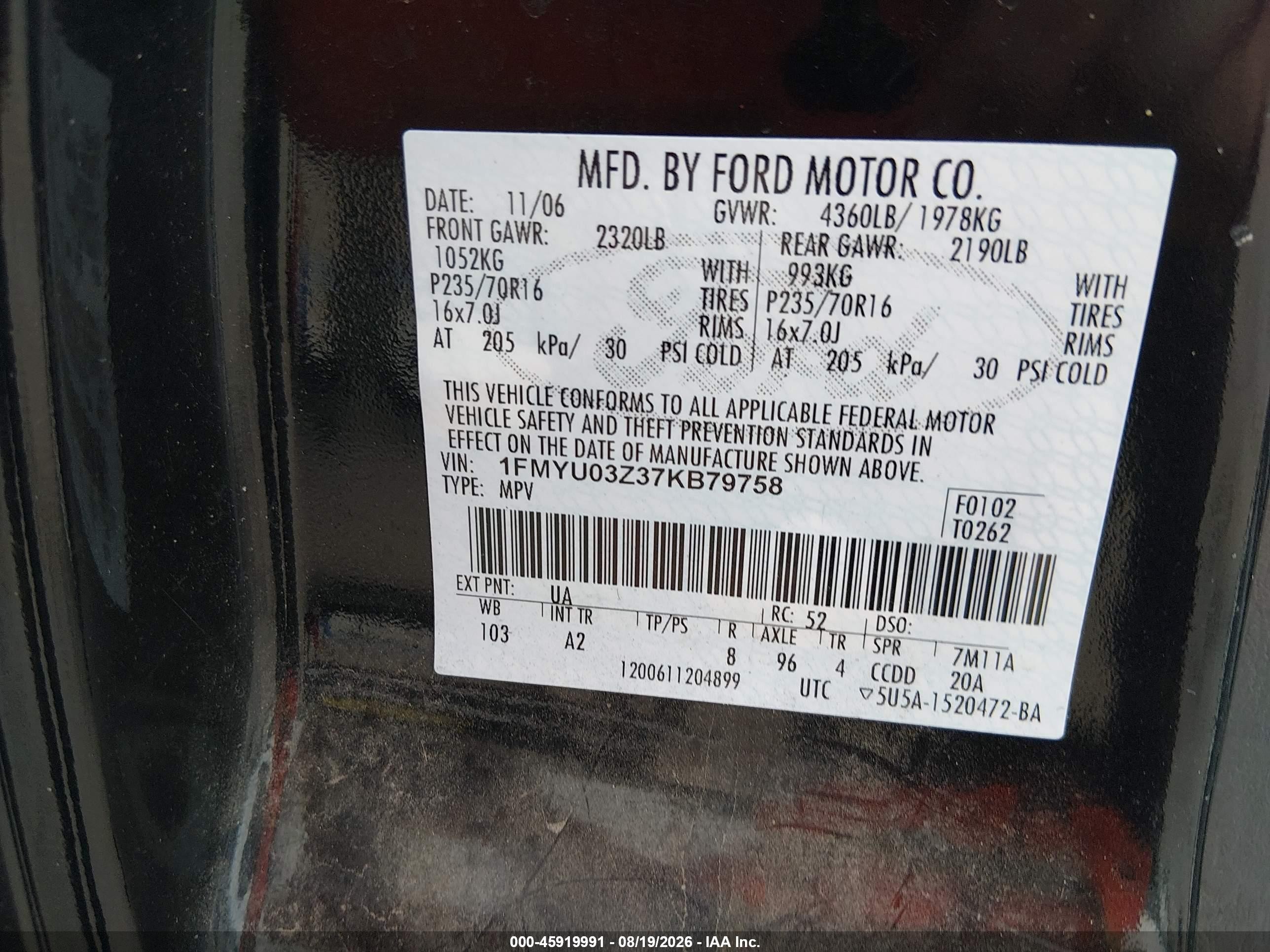 2007 Ford Escape Xlt Black vin: 1FMYU03Z37KB79758