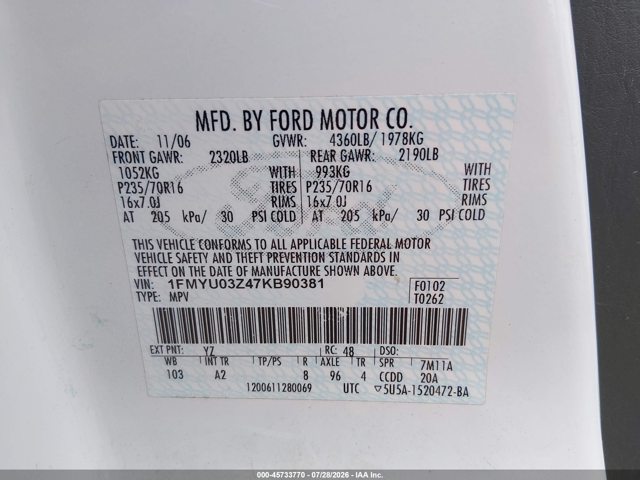 2007 Ford Escape Xlt Белый vin: 1FMYU03Z47KB90381