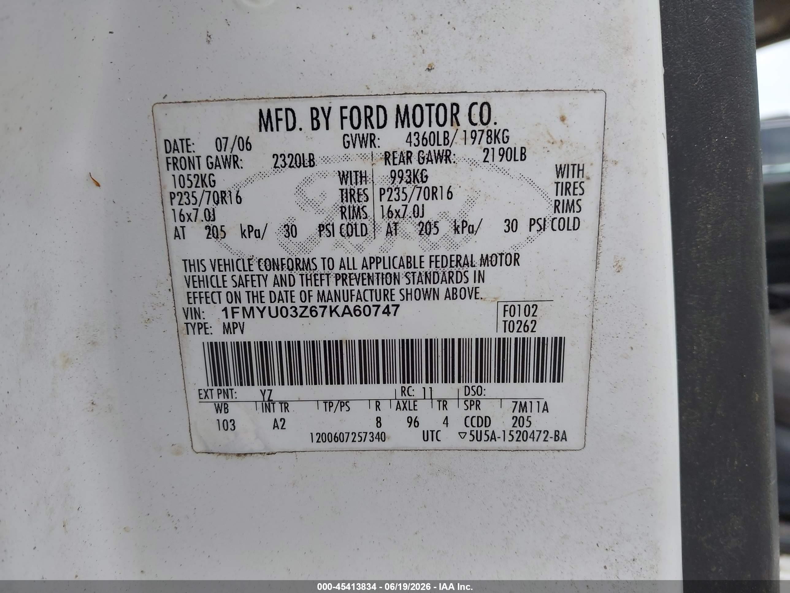 2007 Ford Escape Xlt White vin: 1FMYU03Z67KA60747