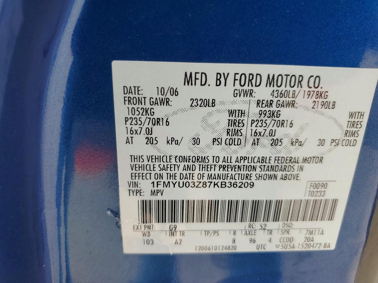 2007 Ford Escape Xlt Blue vin: 1FMYU03Z87KB36209