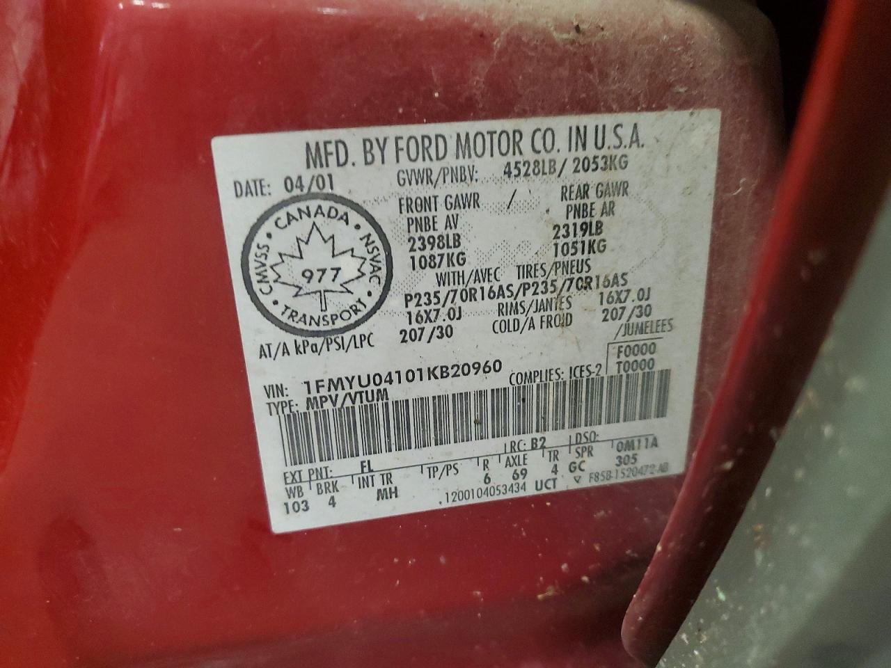 2001 Ford Escape Xlt Red vin: 1FMYU04101KB20960