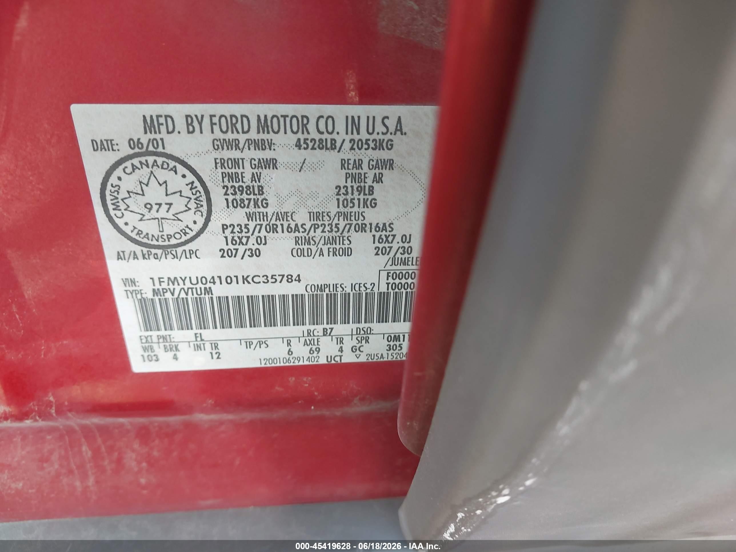 2001 Ford Escape Xlt Red vin: 1FMYU04101KC35784