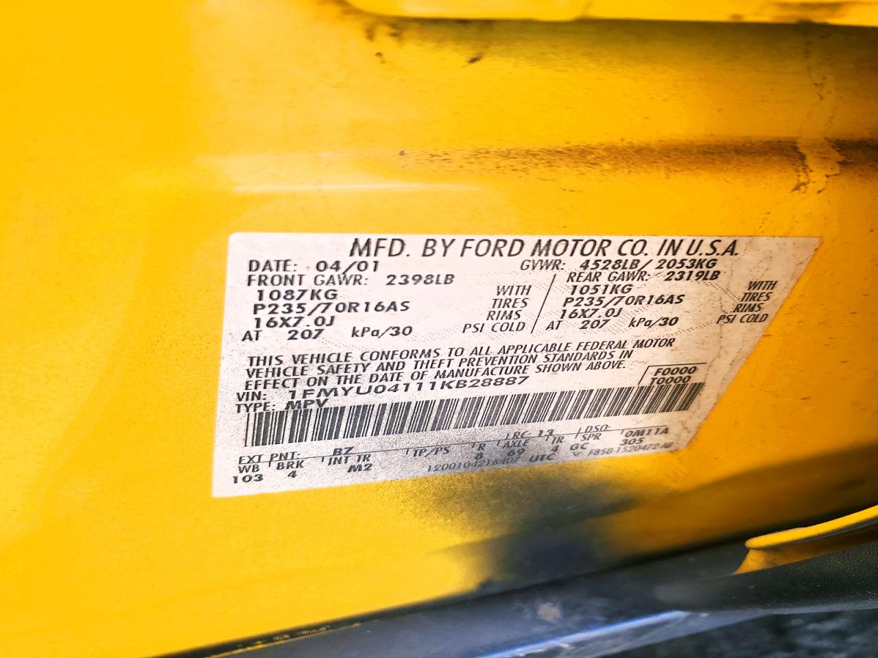 2001 Ford Escape Xlt Yellow vin: 1FMYU04111KB28887