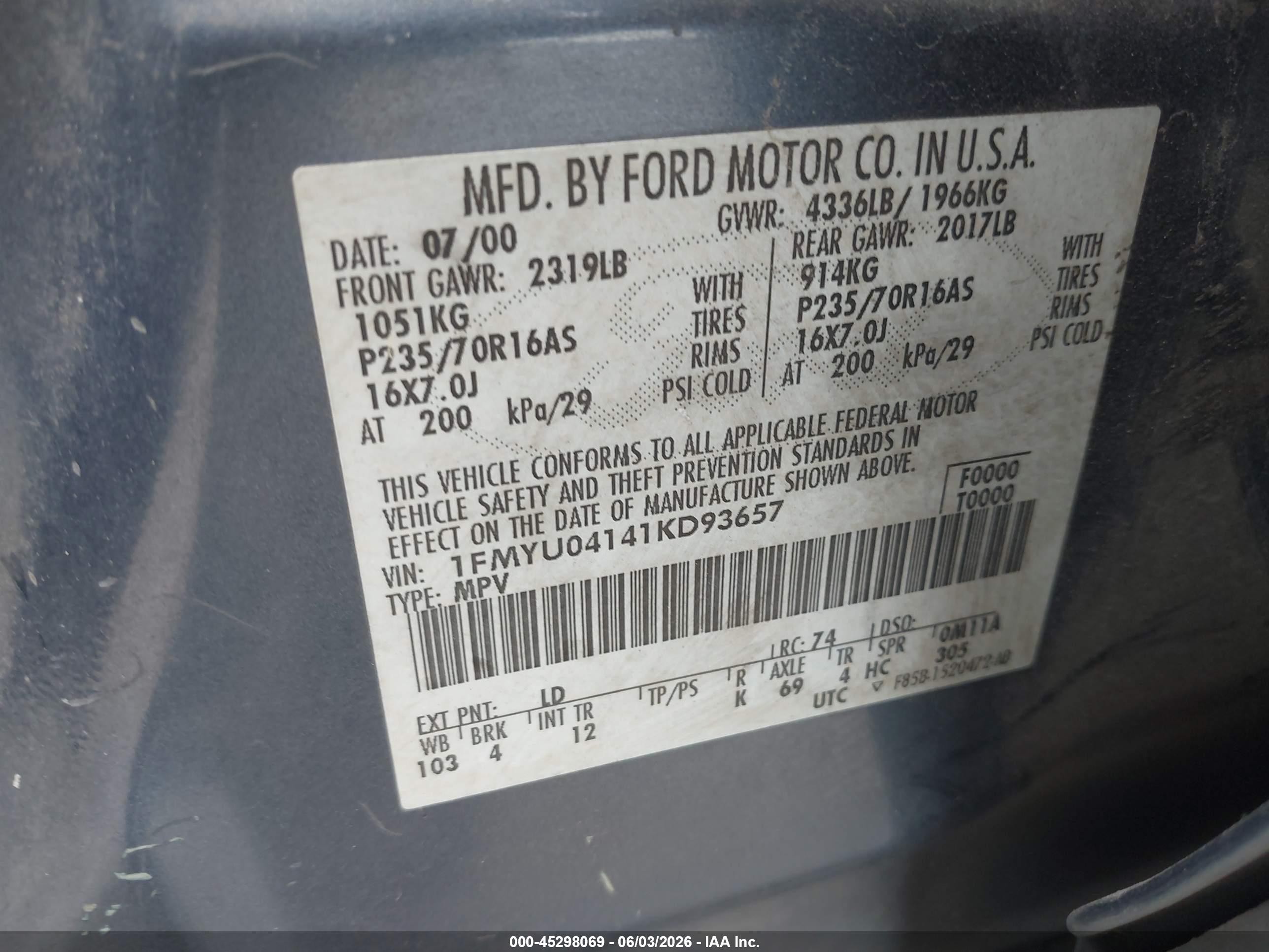 2001 Ford Escape Xlt Dark Blue vin: 1FMYU04141KD93657