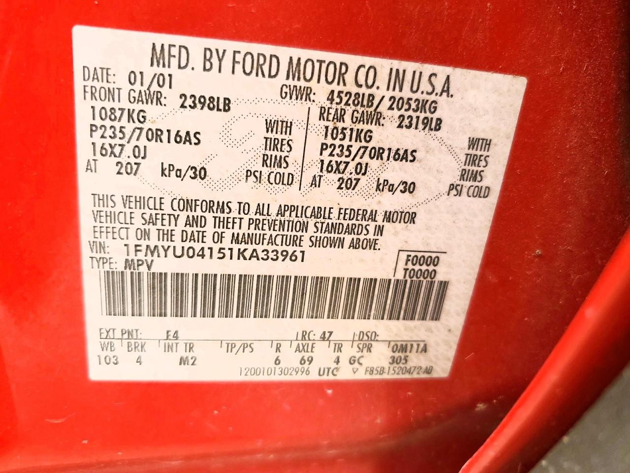 2001 Ford Escape Xlt Red vin: 1FMYU04151KA33961