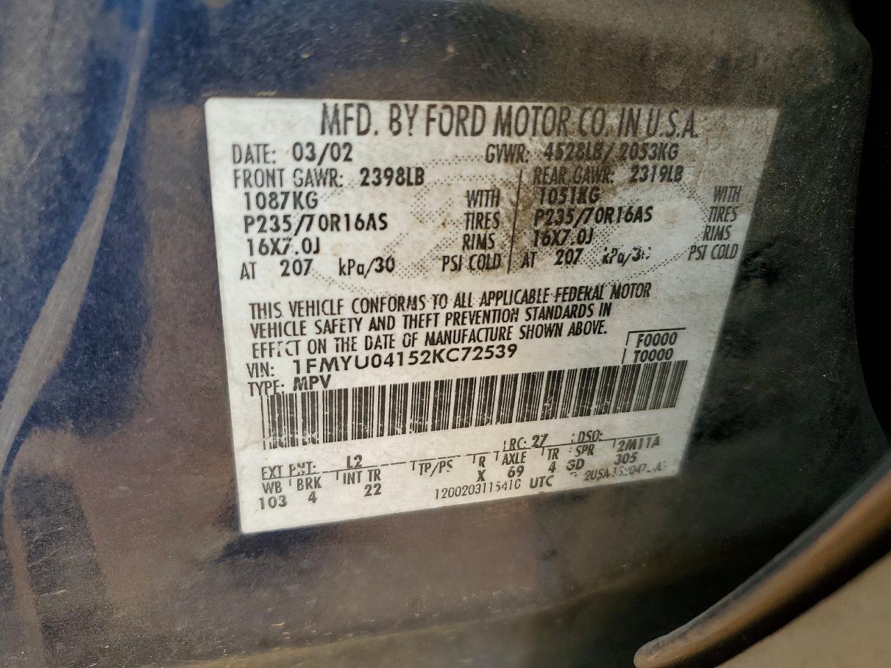 2002 Ford Escape Xlt Blue vin: 1FMYU04152KC72539