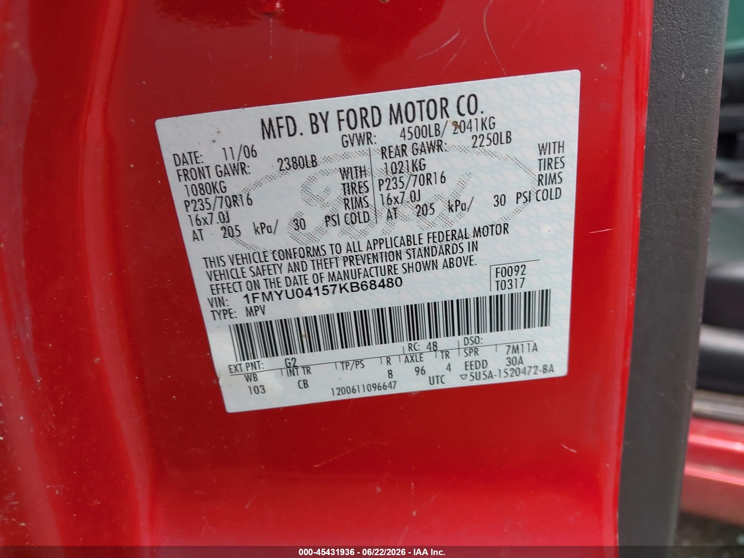 2007 Ford Escape Limited Red vin: 1FMYU04157KB68480