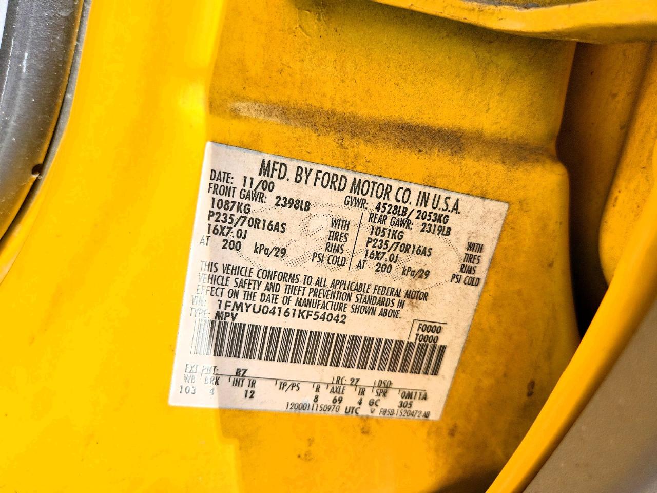 2001 Ford Escape Xlt Yellow vin: 1FMYU04161KF54042