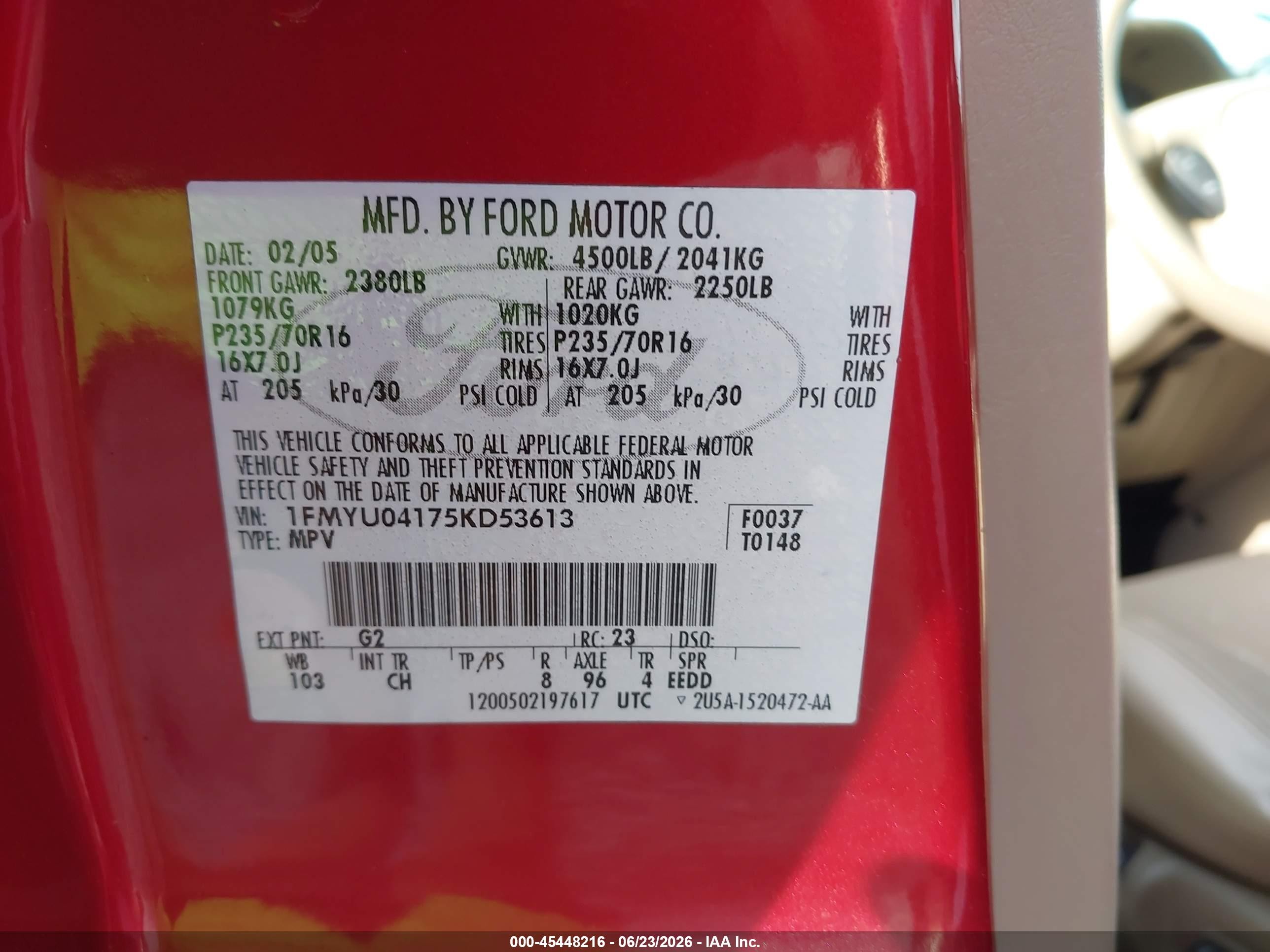 2005 Ford Escape Limited Red vin: 1FMYU04175KD53613