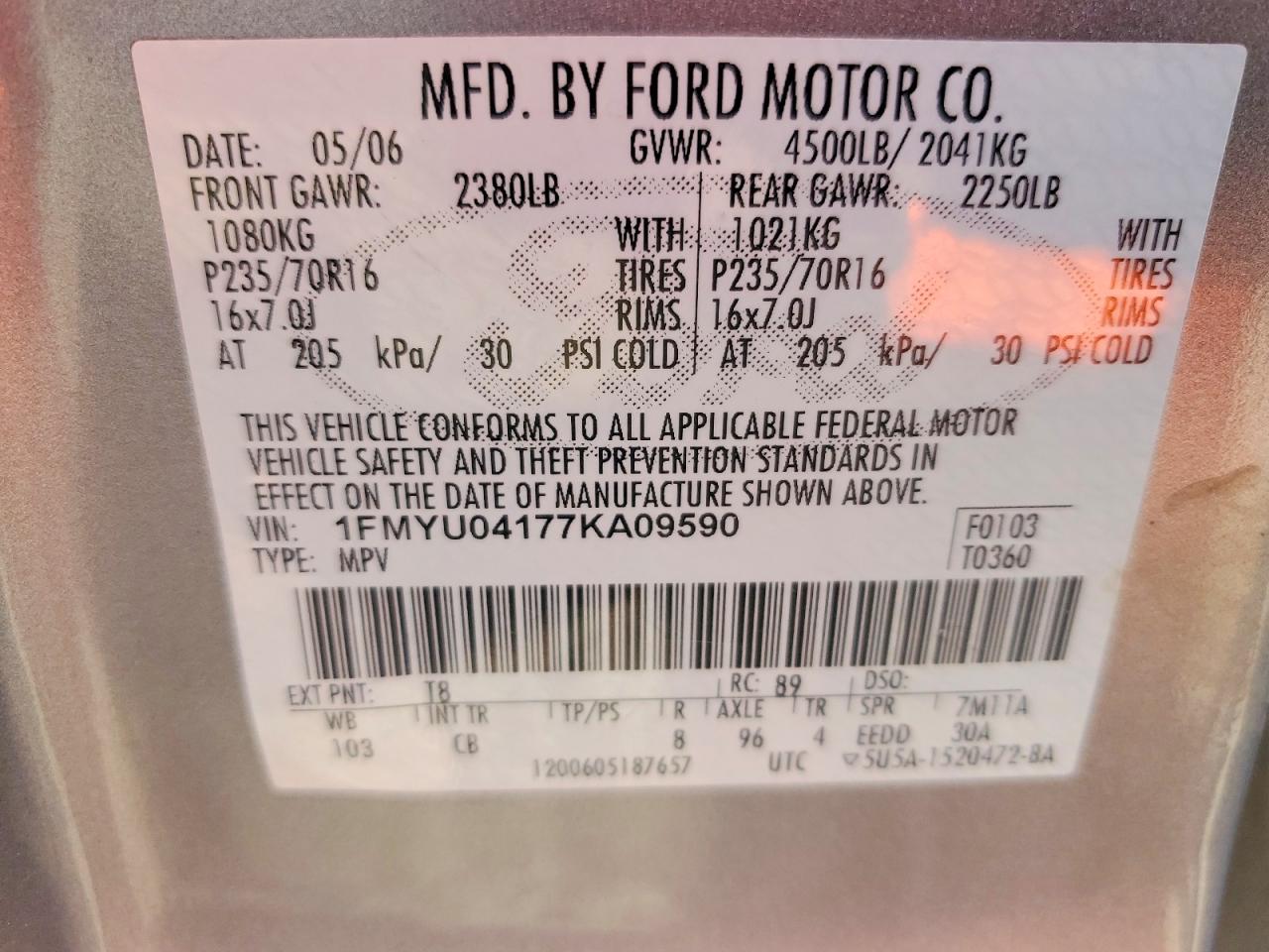 2007 Ford Escape Limited Gray vin: 1FMYU04177KA09590