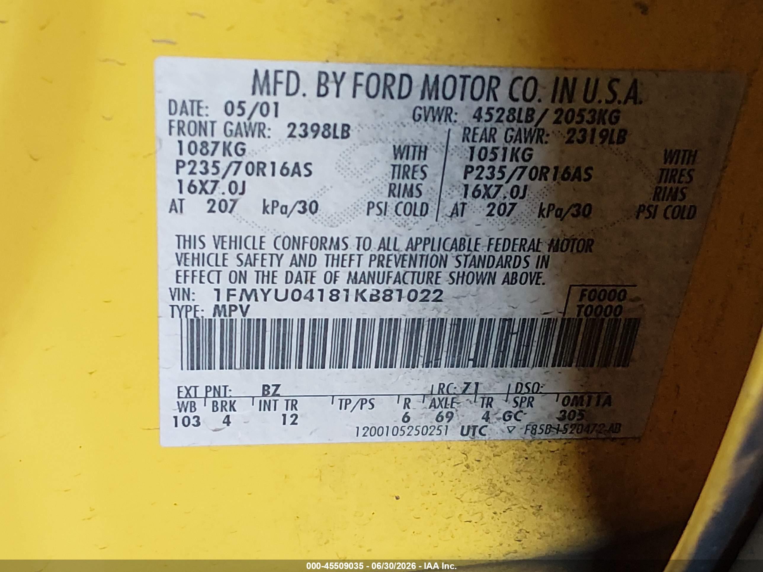 2001 Ford Escape Xlt Желтый vin: 1FMYU04181KB81022